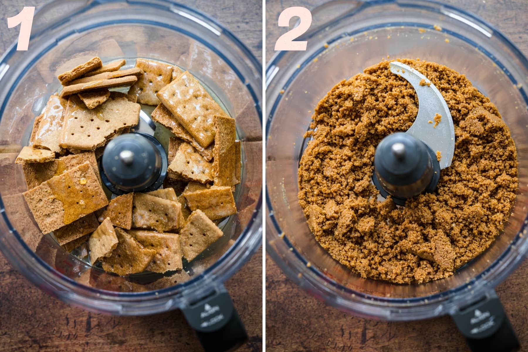 before and after pulsing together ingredients for graham cracker crust in food processor. 