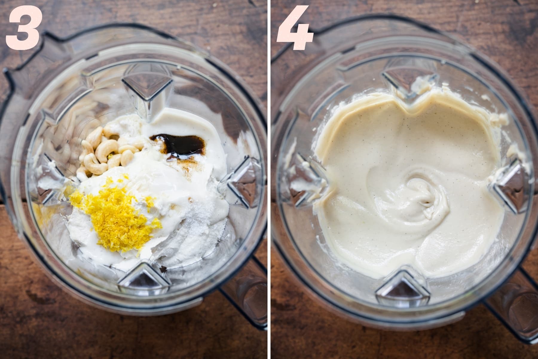 before and after blending ingredients for vegan cheesecake filling in blender. 