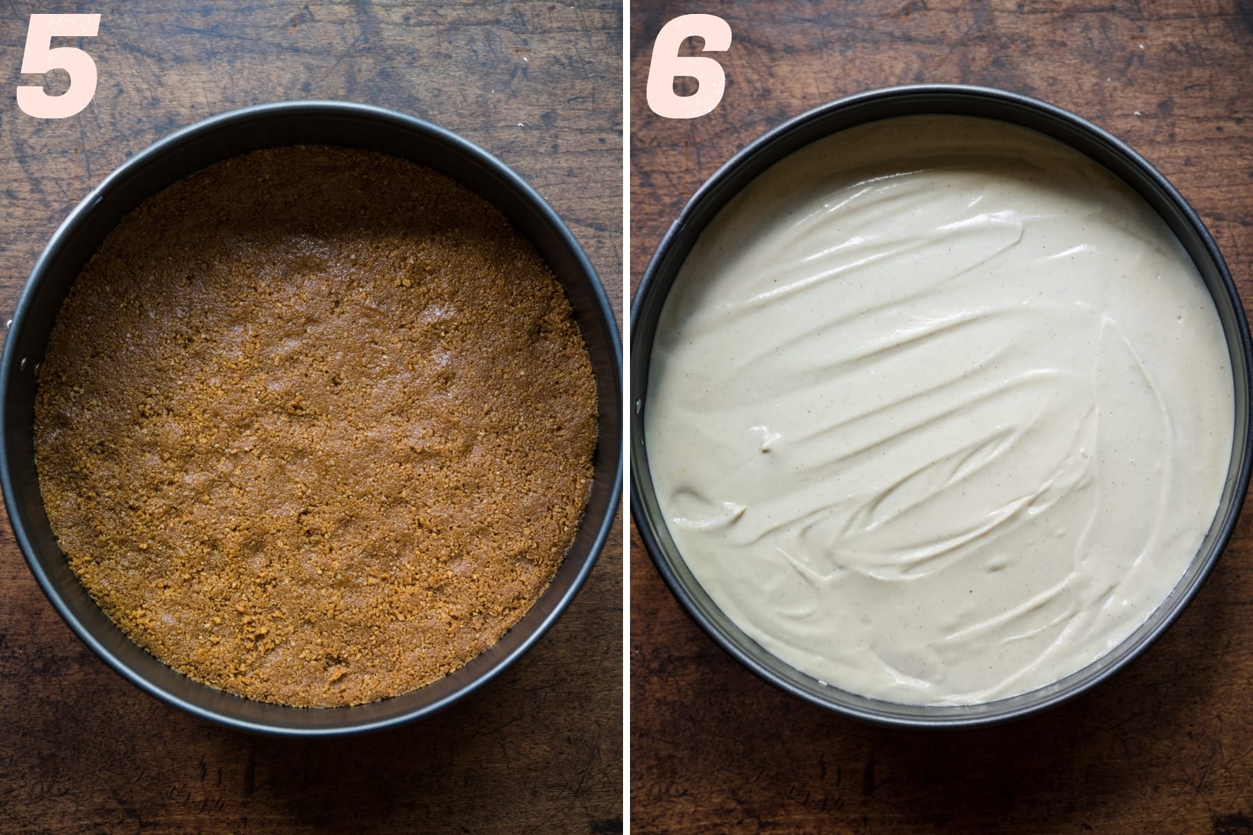 before and after adding vegan cheesecake filling to graham cracker crust. 