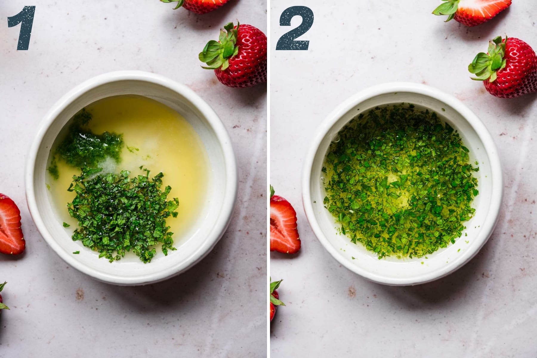 before and after whisking together ingredients for lime mint dressing. 