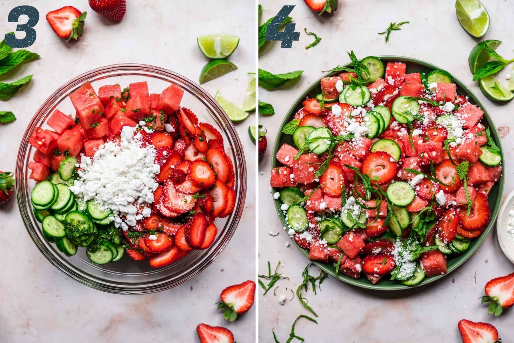 before and after mixing together ingredients for watermelon cucumber salad. 