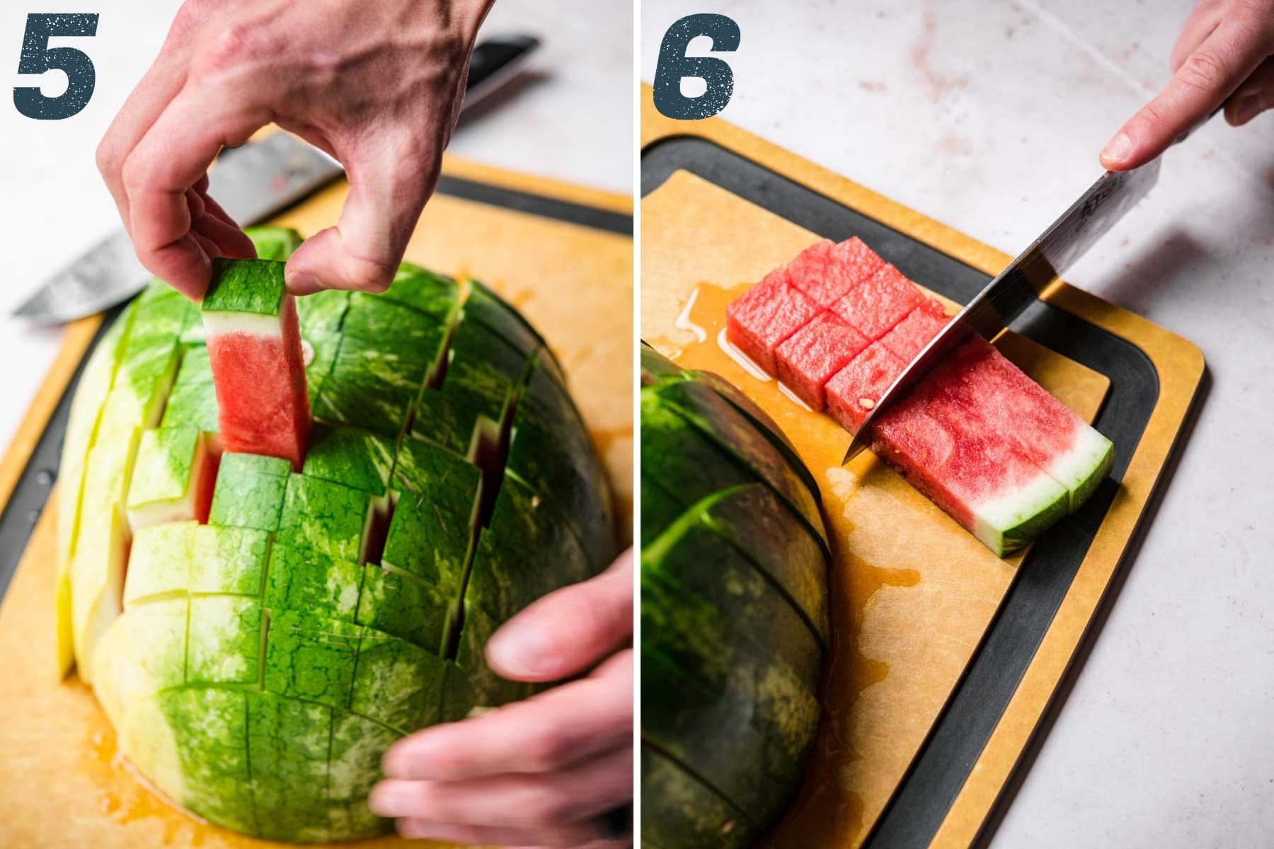 slicing watermelon into cubes. 