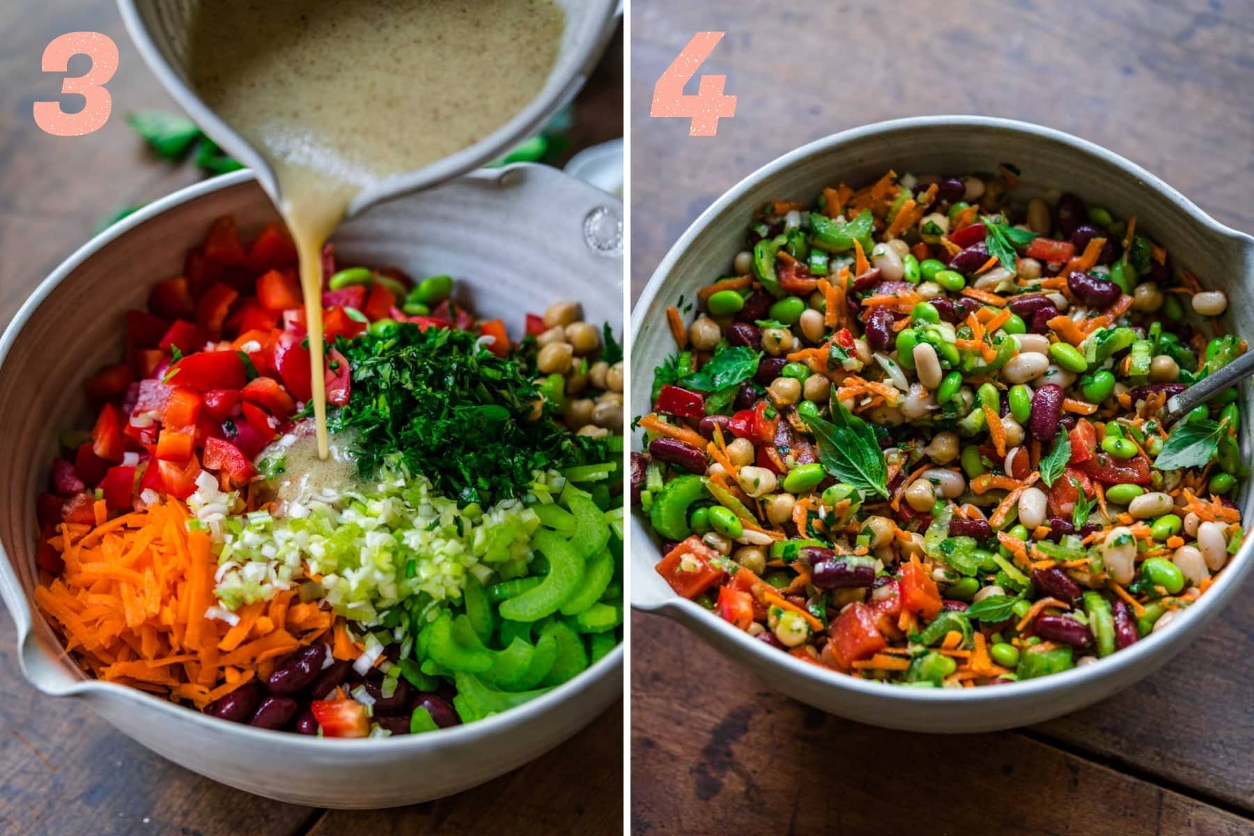 before and after mixing together ingredients for four bean salad in a bowl.