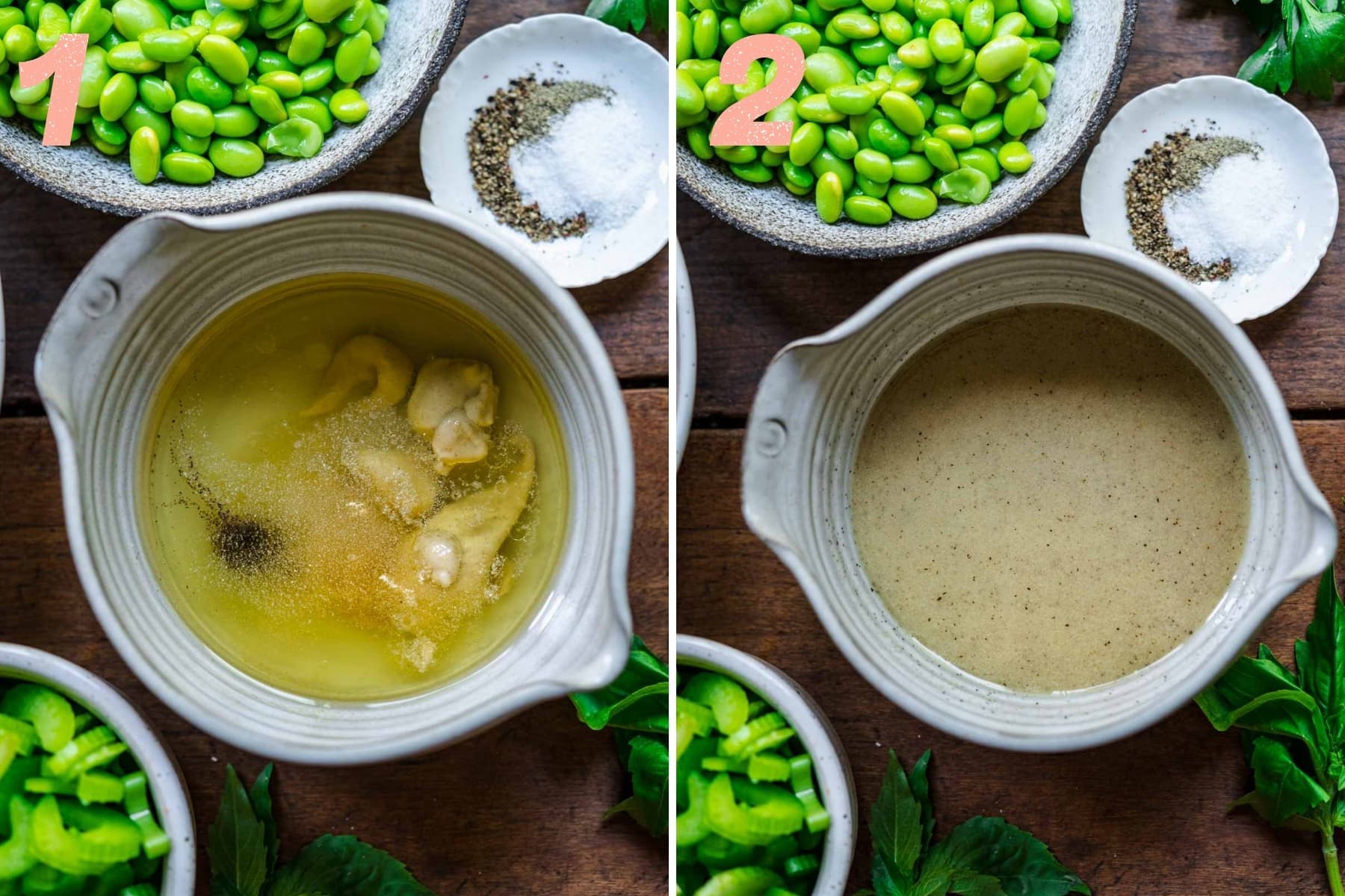 before and after whisking together ingredients for dijon vinaigrette in small bowl.