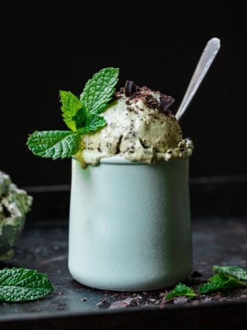 close up view of vegan mint chocolate chip ice cream in small jar with fresh mint on top.