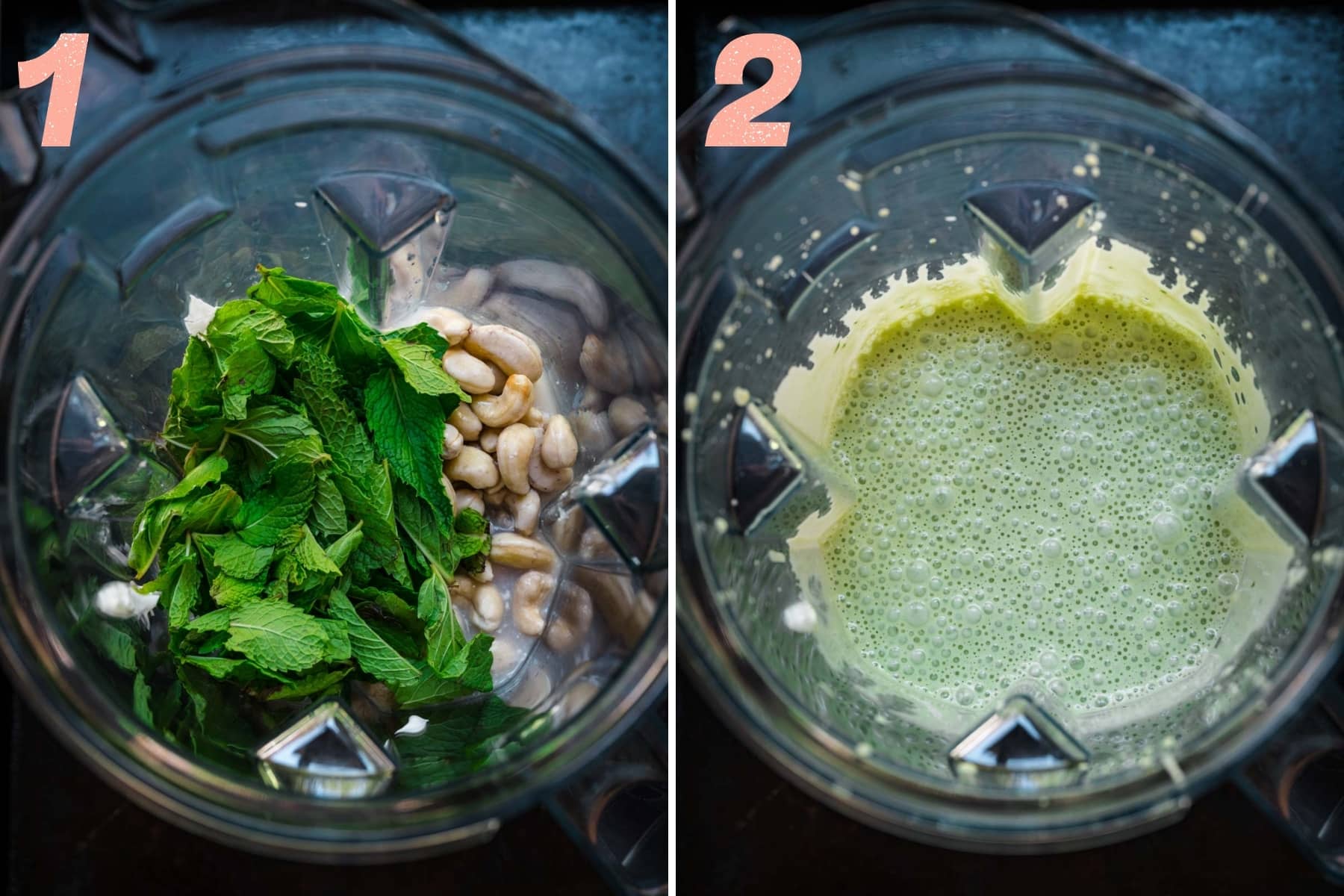 before and after blending ingredients for vegan mint chocolate chip ice cream in blender. 