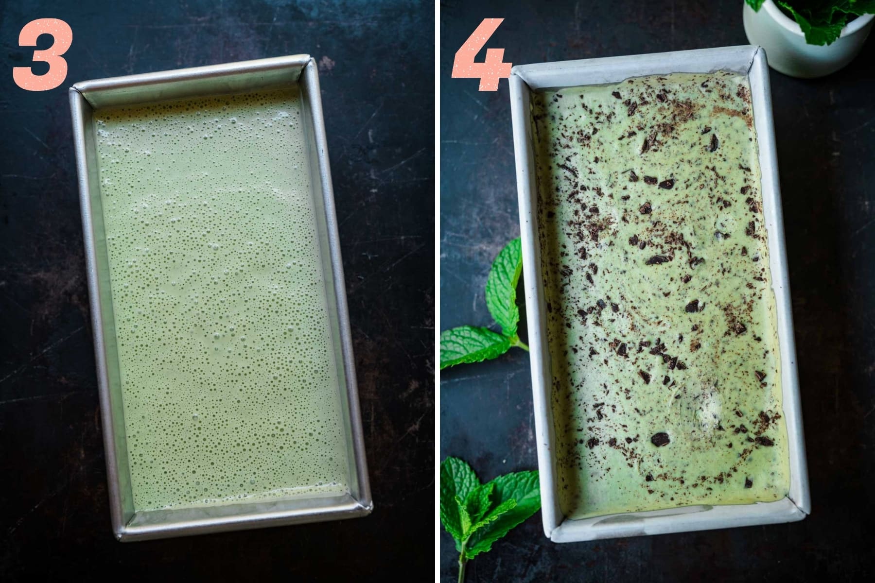 before and after stirring chocolate chips into vegan mint chocolate chip ice cream.