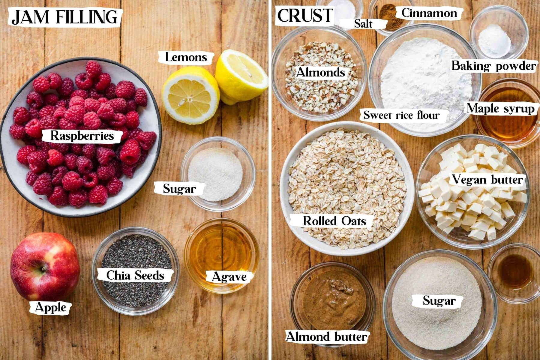 Overhead view of jam and crust ingredients, including raspberries, lemons, sugar, apple, chia seeds, agave, salt, cinnamon, almonds, etc.