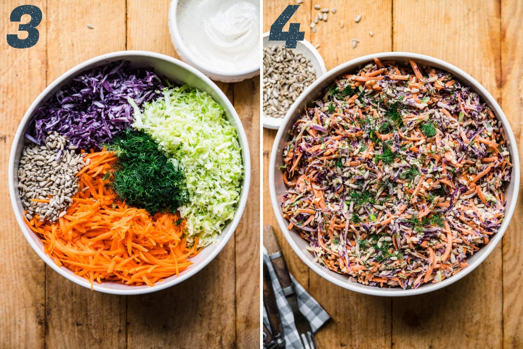 before and after mixing together ingredients for vegan coleslaw in a large mixing bowl. 