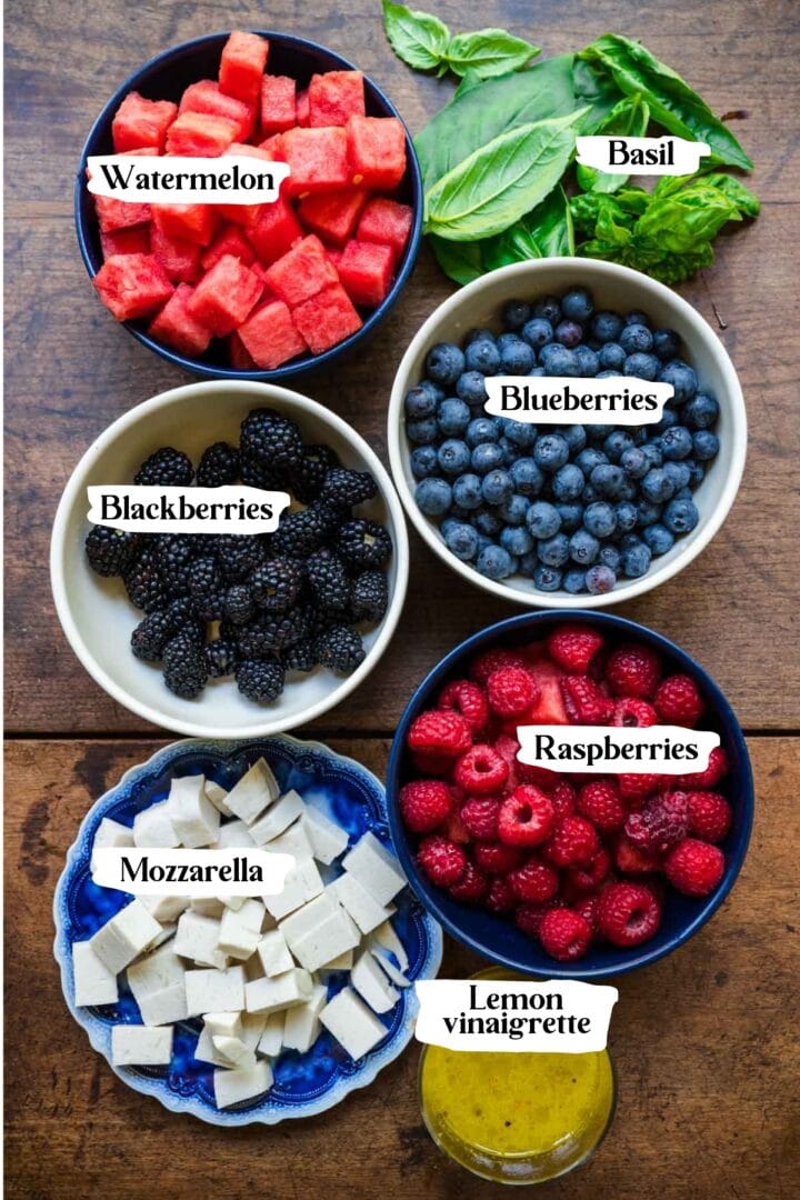 Overhead view of ingredients for watermelon blueberry salad.