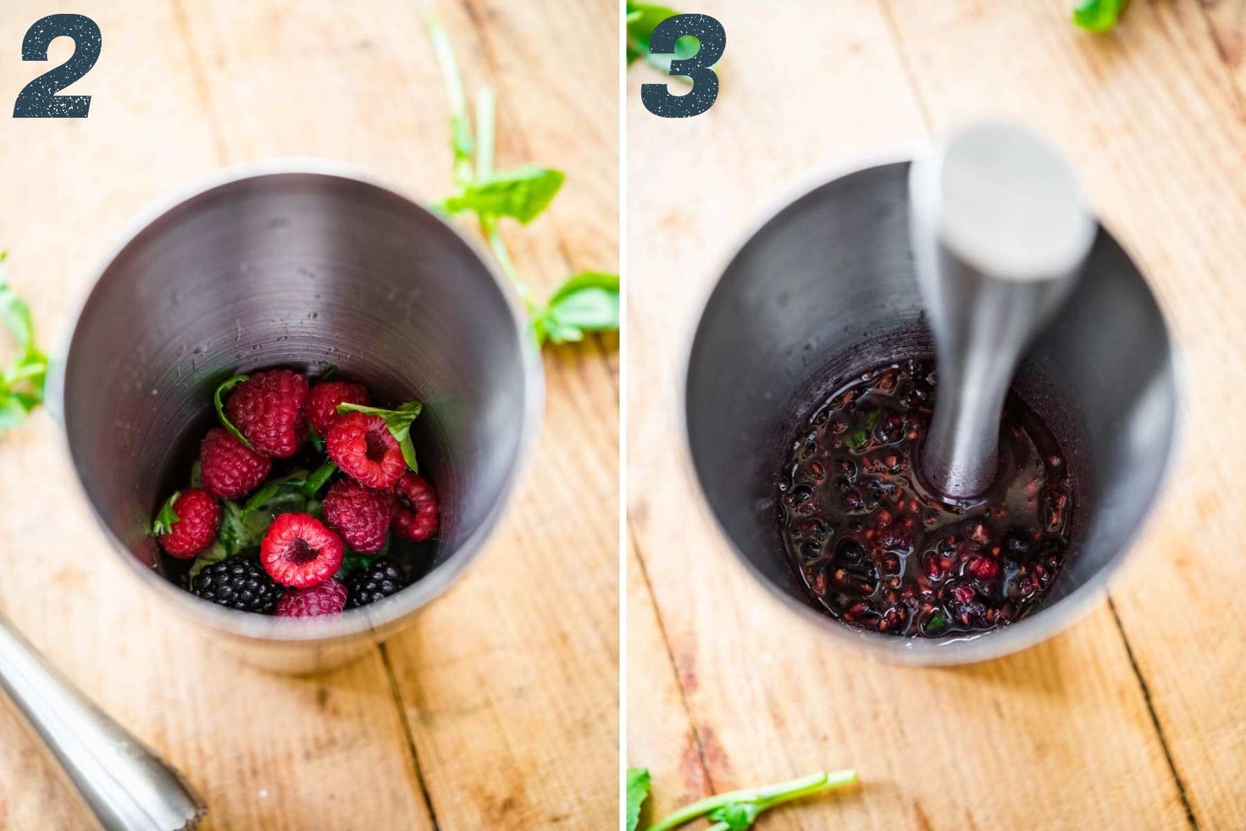 before and after muddling berries and basil in cocktail shaker. 