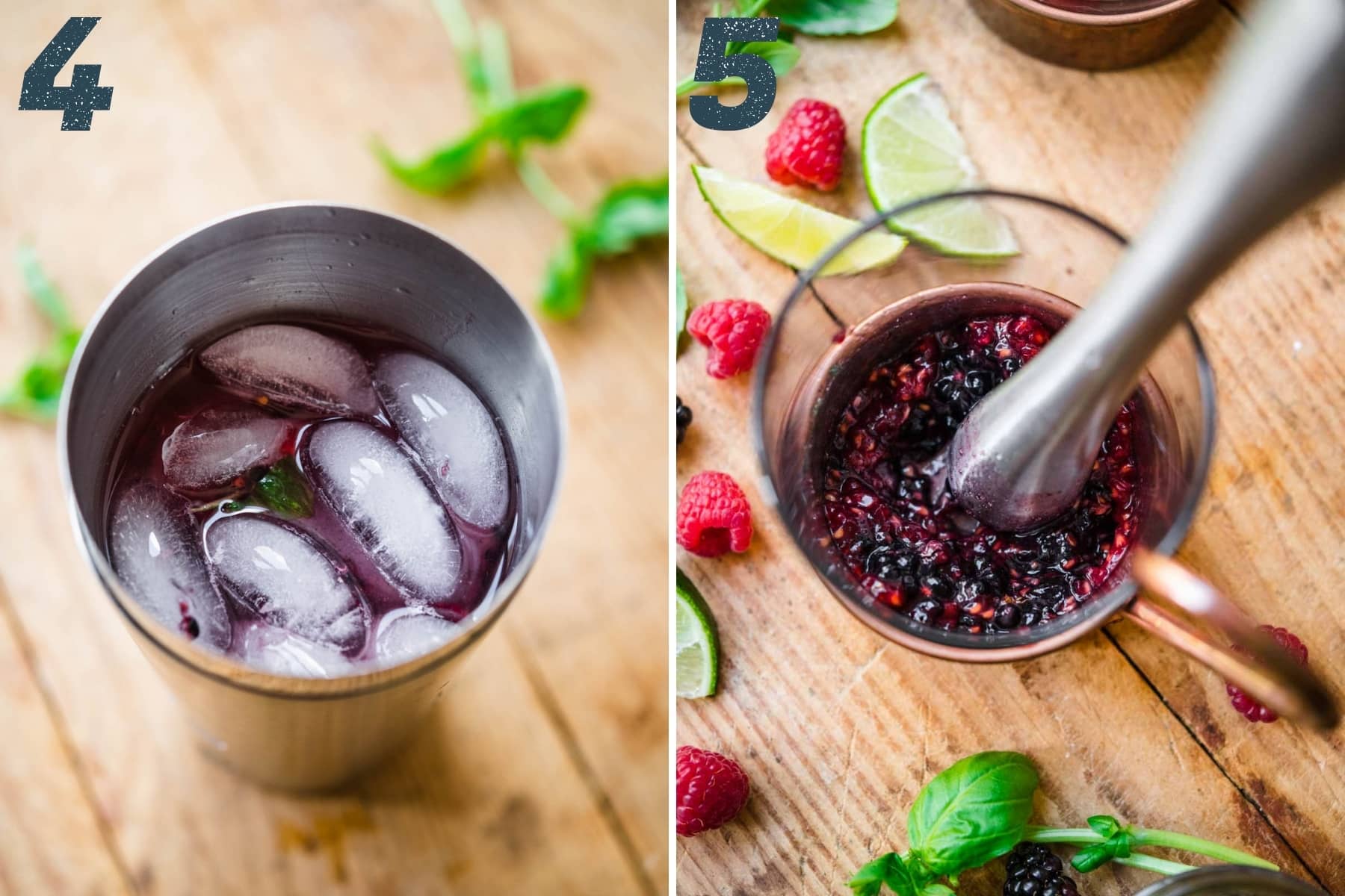 on the left: ingredients for berry basil moscow mules in cocktail shaker with ice. on the right: muddled berries in cocktail glass. 