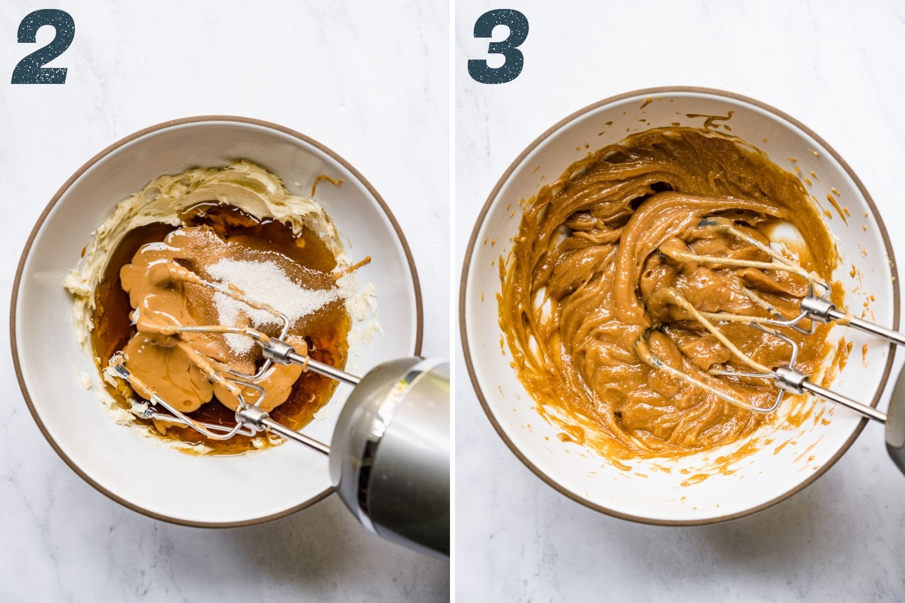 before and after mixing together butter, maple syrup, sugar and peanut butter in mixing bowl. 