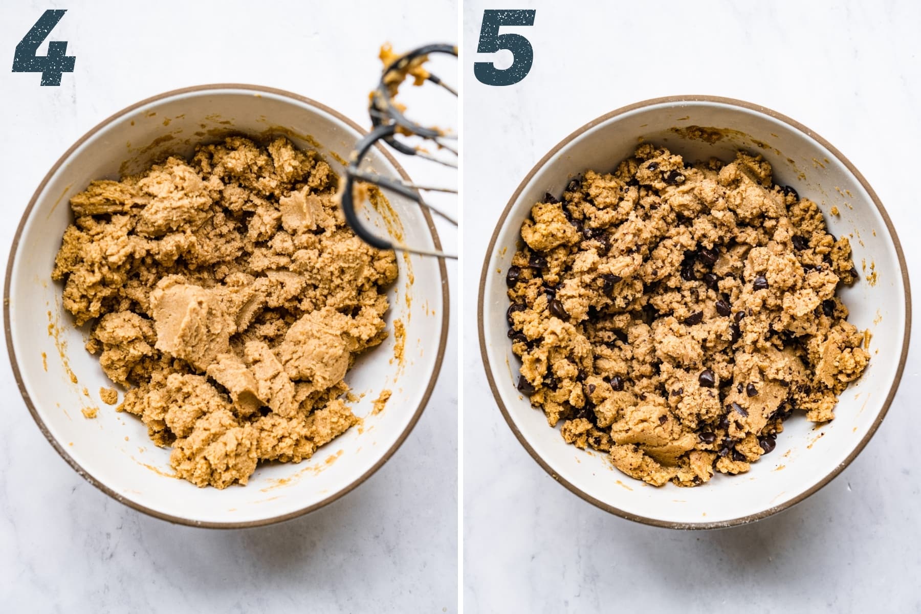 before and after adding chocolate chips to edible cookie dough batter. 