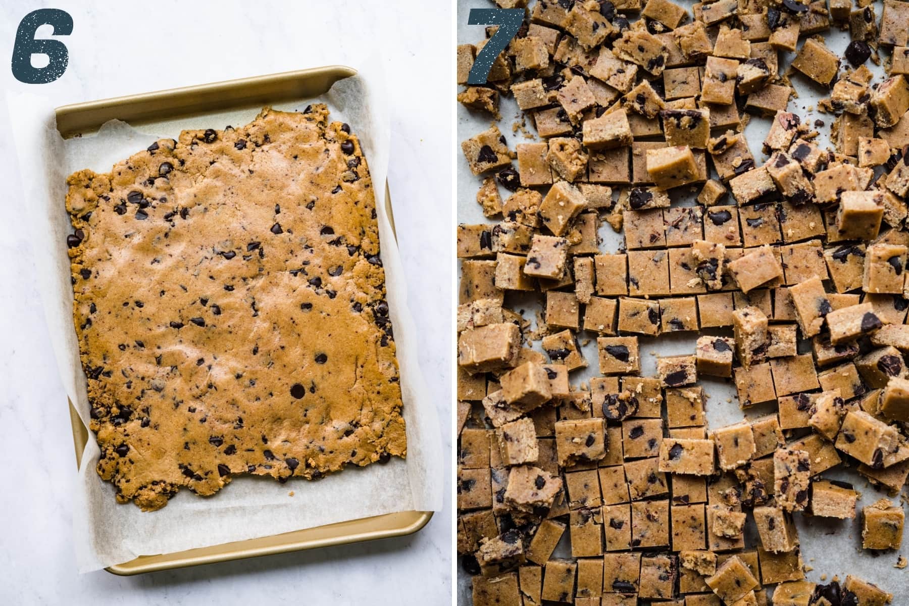 before and slicing edible cookie dough into small squares for ice cream. 