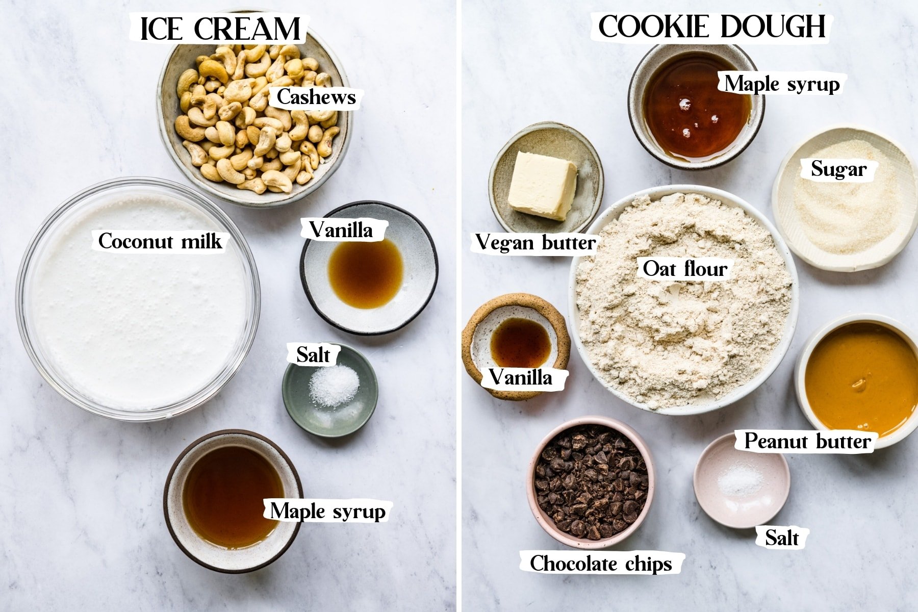 overhead view of ingredients for vegan cookie dough ice cream in small prep bowls. 