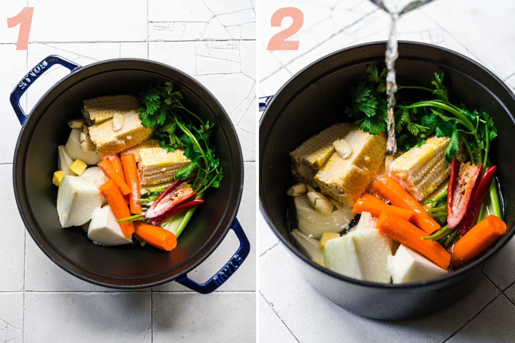 On the left: corn stock ingredients in the pot. On the right: pouring water into the pot.