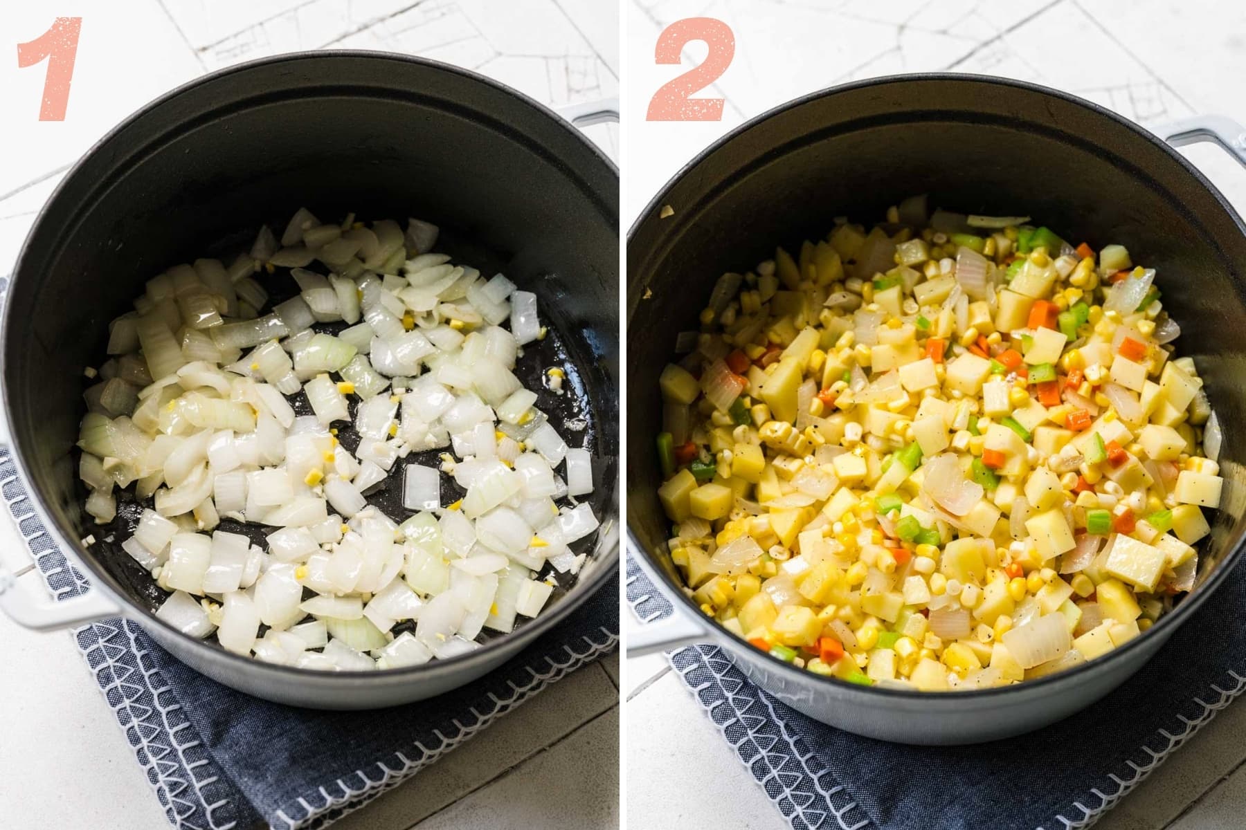 on the left: sauteed onion, garlic and ginger in pot. on the right: sauteed corn, potatoes, carrots and celery in pot. 