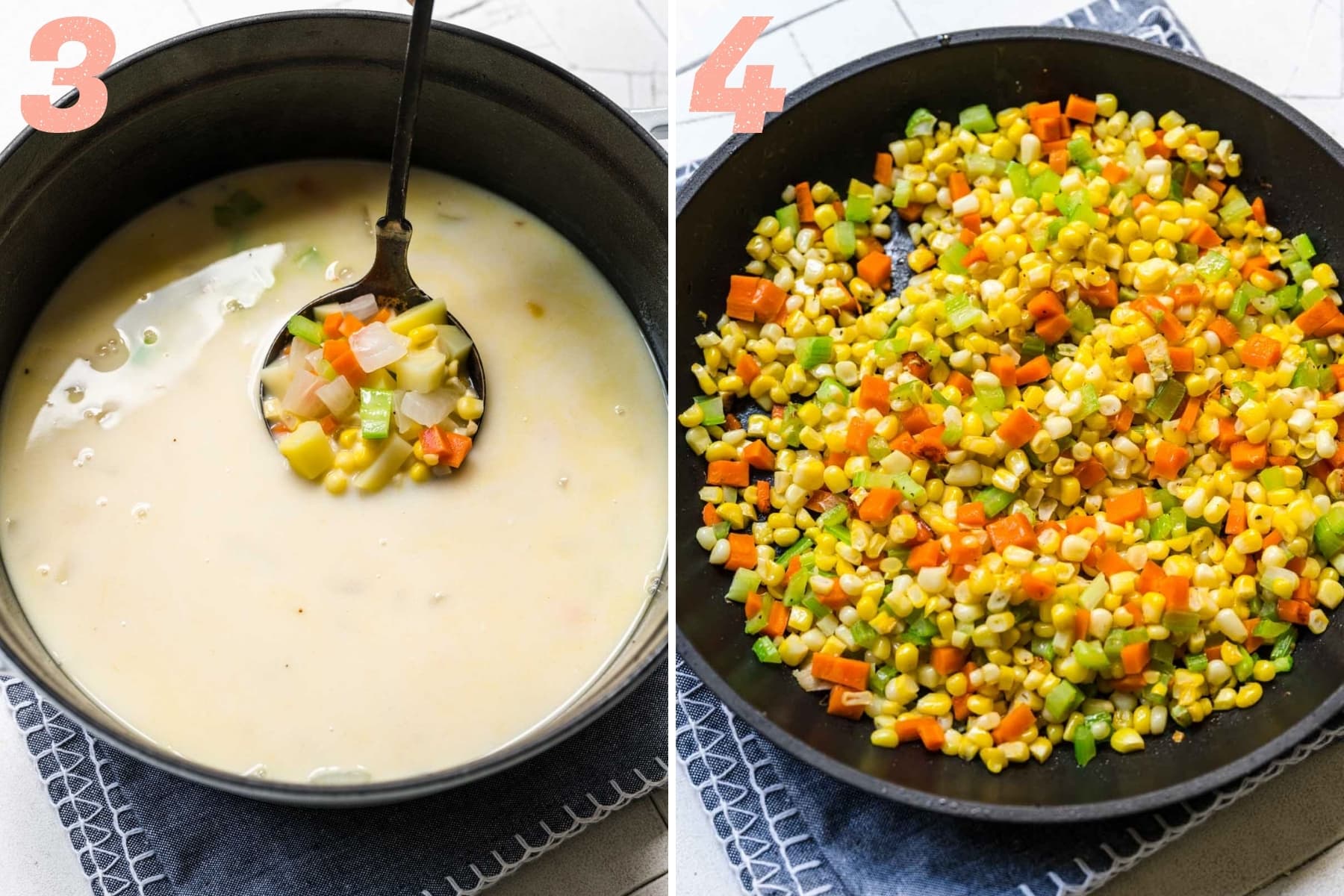 on the left: corn chowder in pot. on the right: sauteed corn, carrot and celery in pan. 
