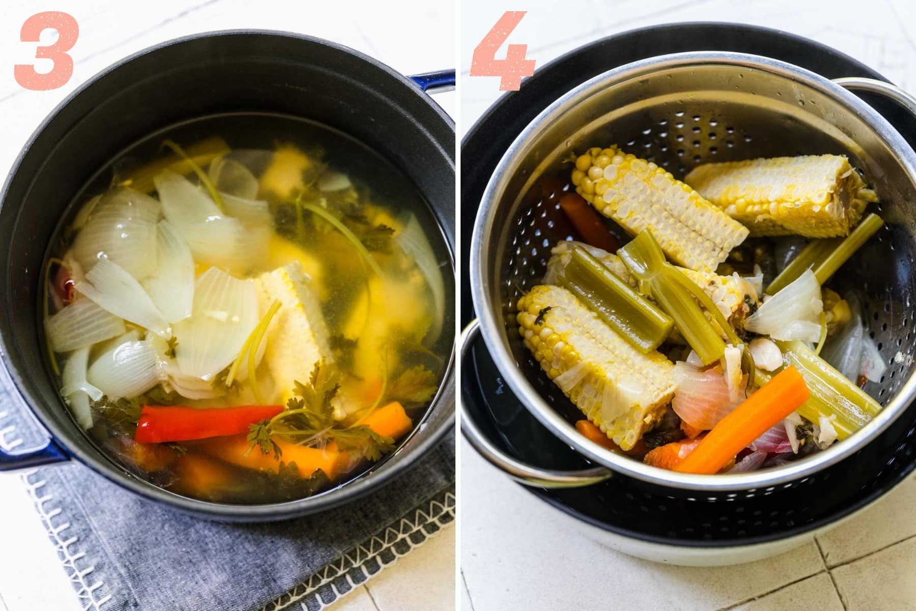 On the left: ingredients in the pot after boiling. On the right: ingredients in a colander after straining away liquid.