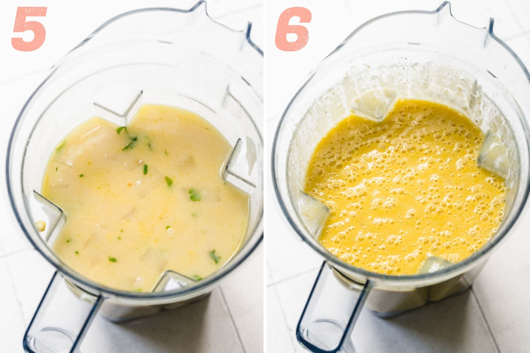 before and after blending vegan corn chowder in blender. 