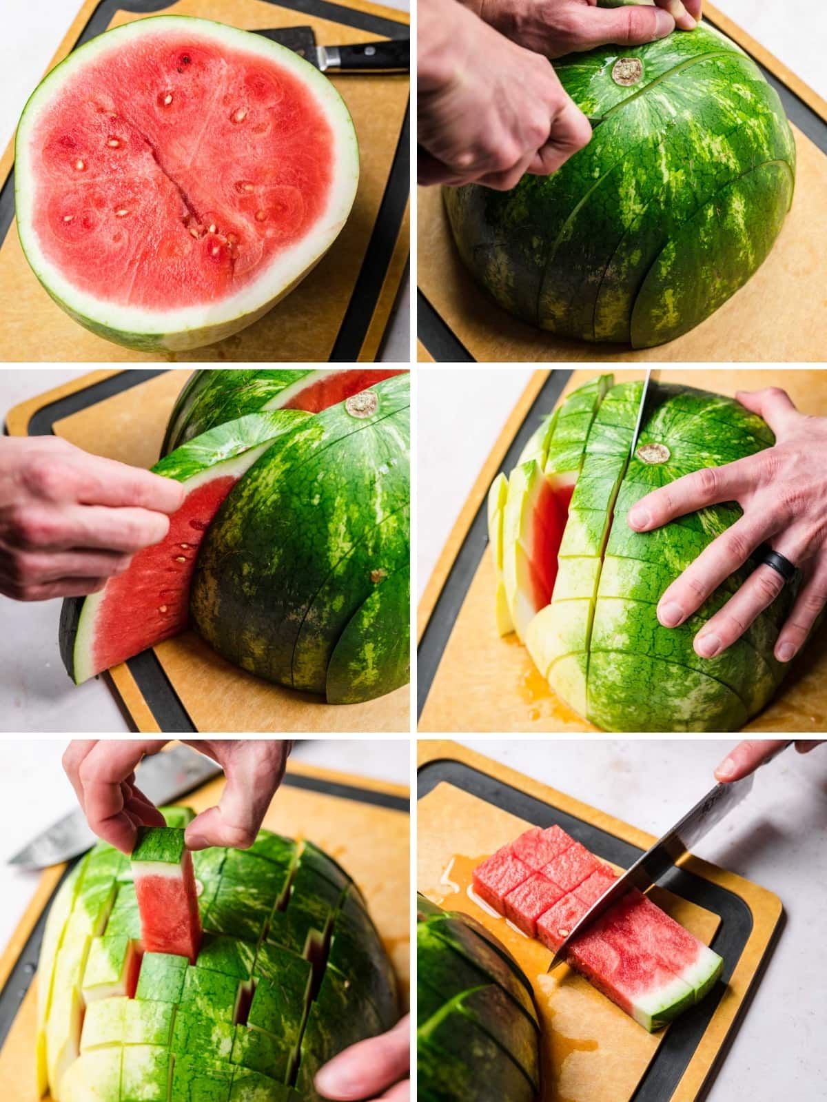 six photos showing how to slice watermelon into cubes.