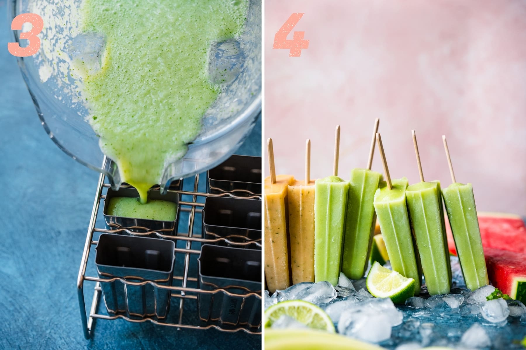 on the left: pouring melon yogurt popsicle mixture into popsicle molds. on the right: close up of honeydew yogurt popsicles. 