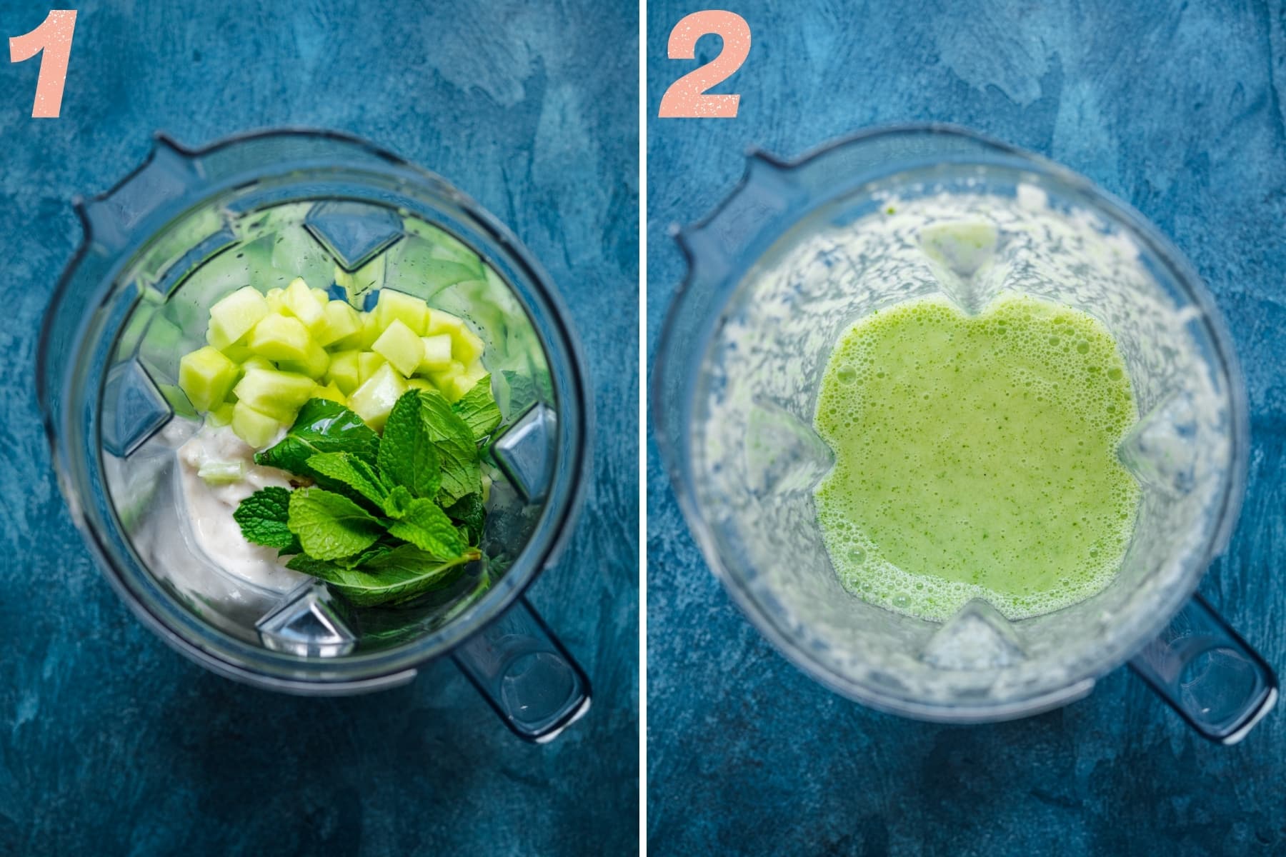 before and after blending ingredients for melon yogurt popsicles in blender. 