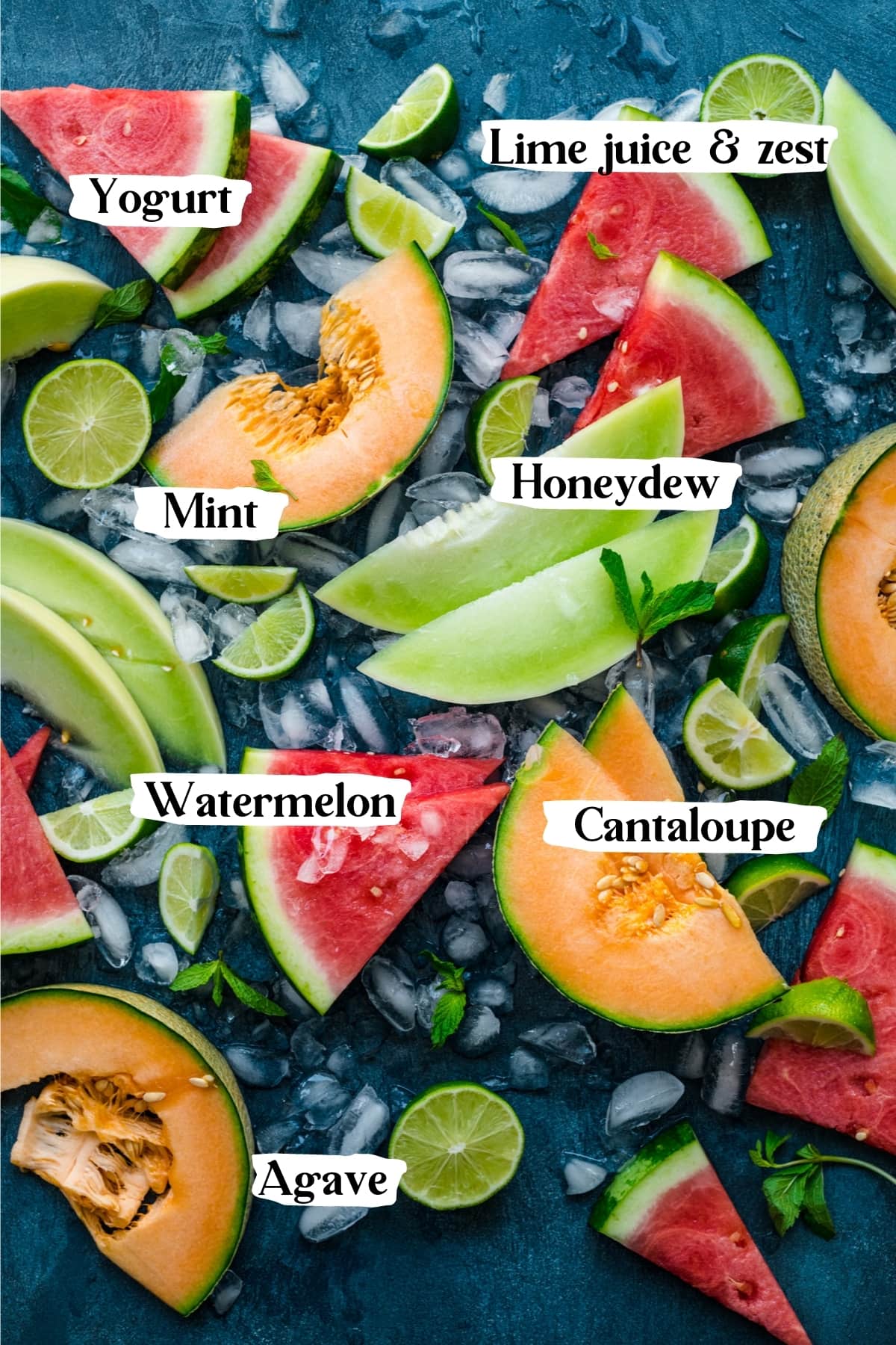 overhead view of ingredients for yogurt melon popsicles. 