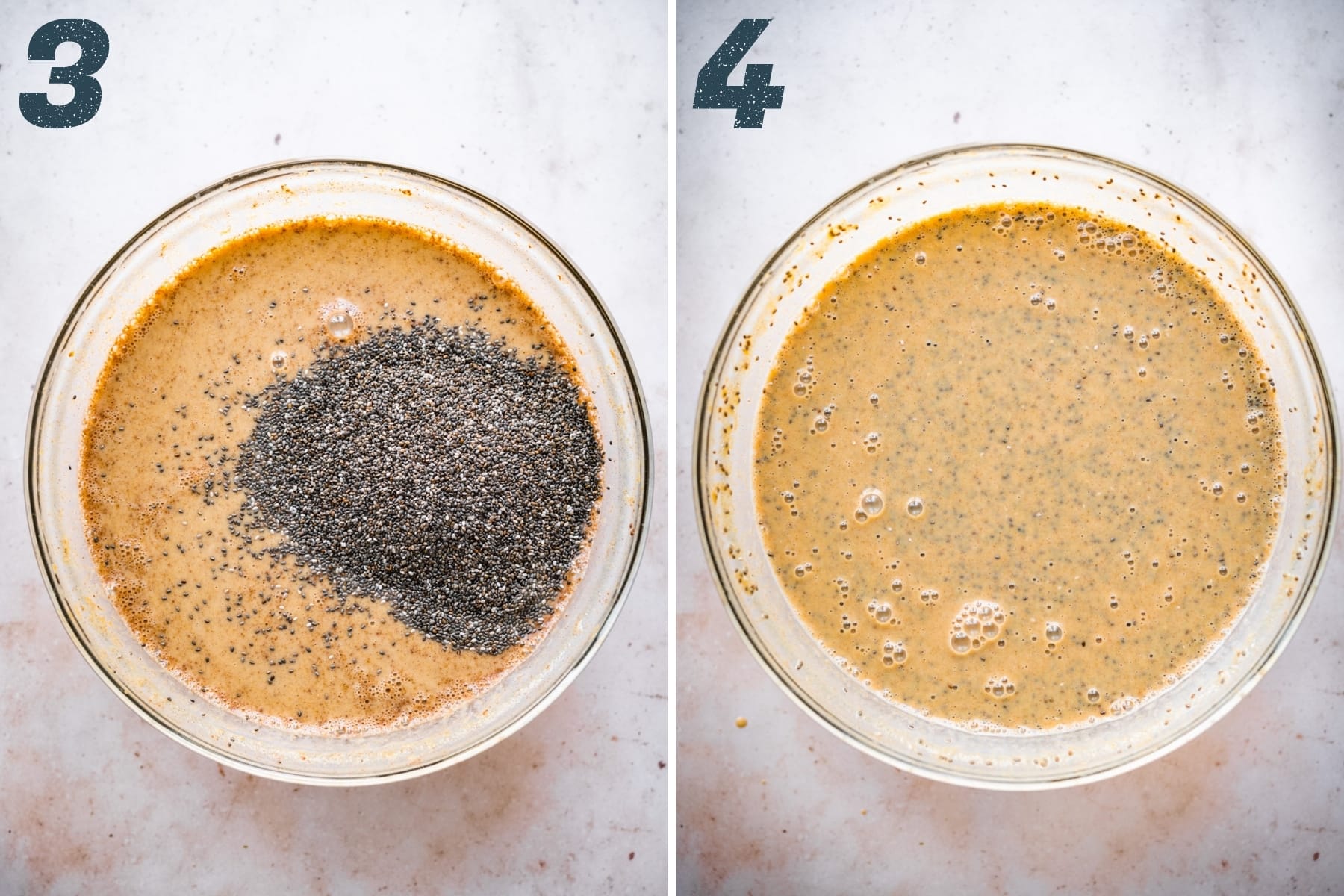 before and after stirring chia seeds into pumpkin chia pudding. 