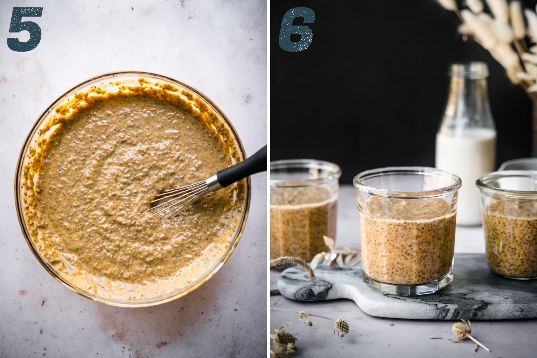 chia pudding in a large mixing bowl and in small glass jars for serving. 