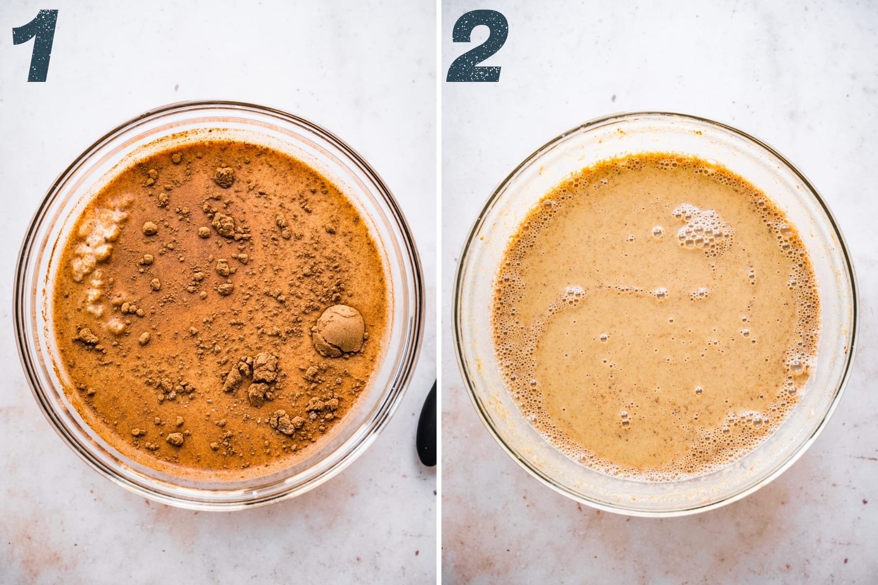 before and after stirring together ingredients for vegan pumpkin chia pudding in bowl. 