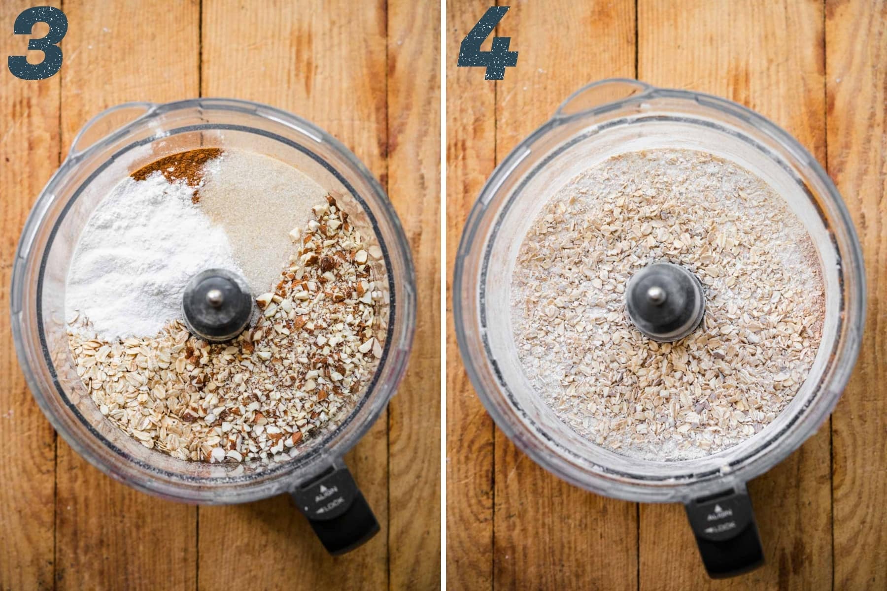 before and after pulsing together ingredients for oat crust in food processor. 