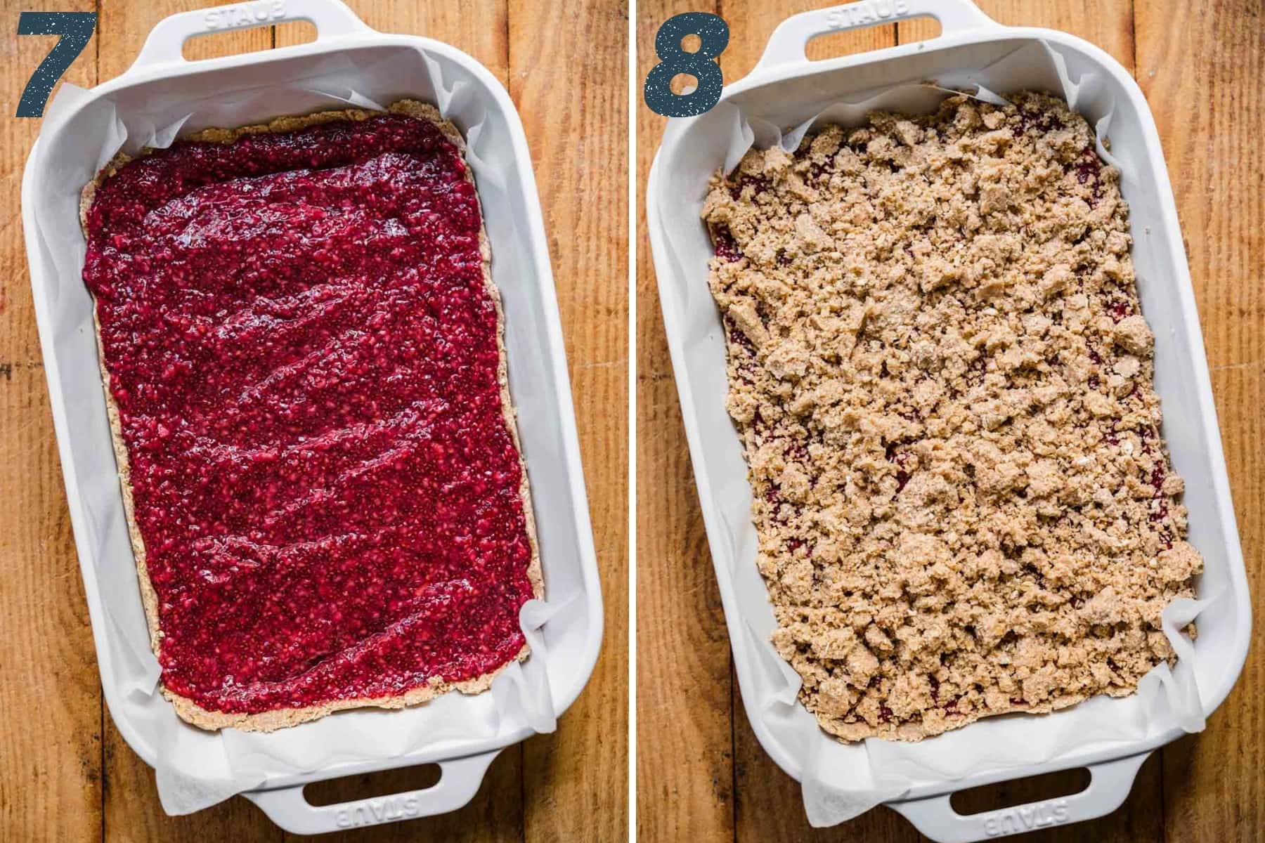 before and after topping raspberry jam with oat crumble in pan. 