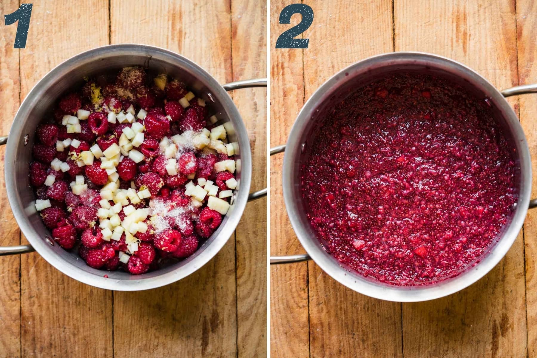 before and after simmering raspberry chia jam in pot. 