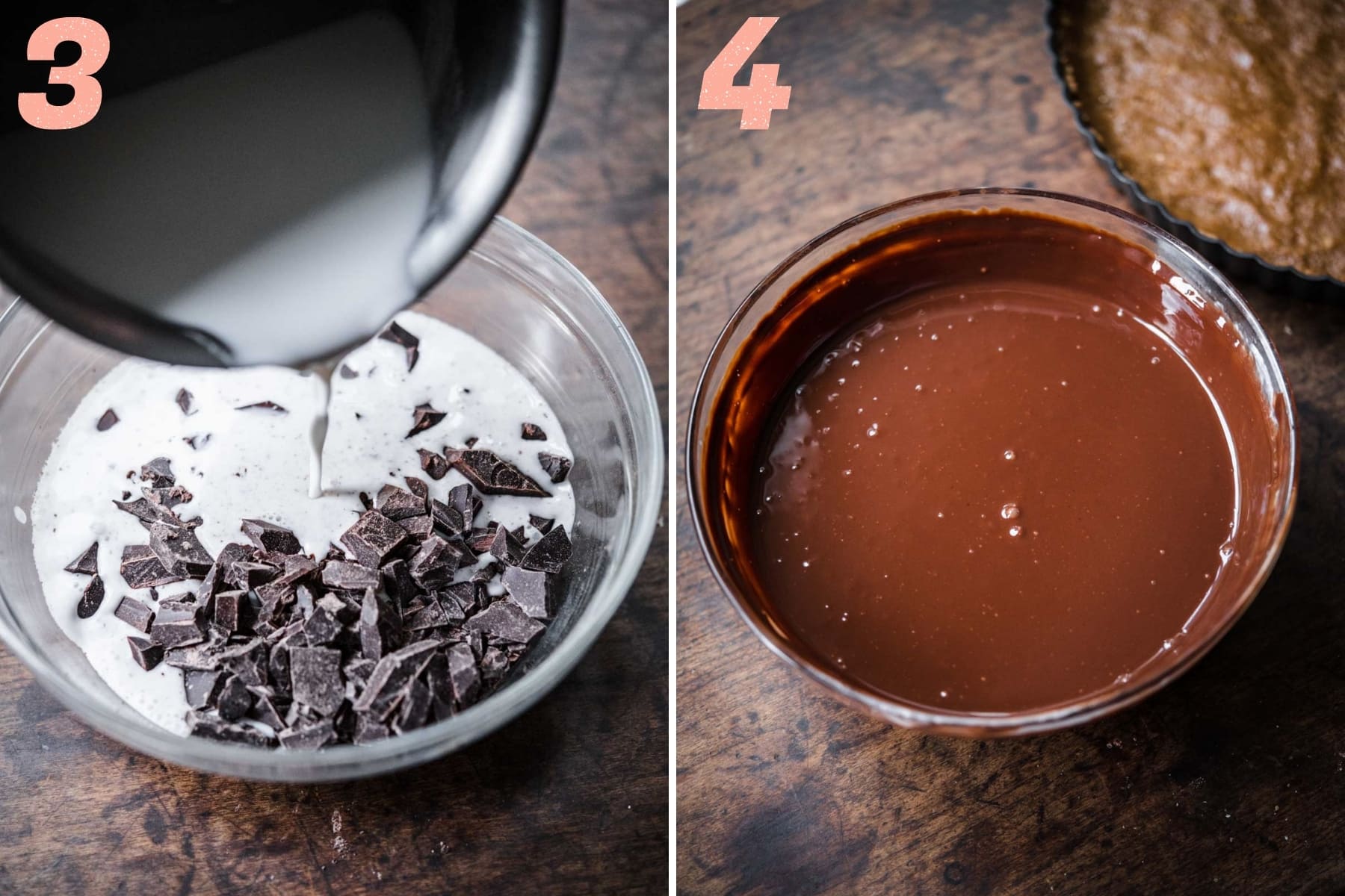 before and after whisking together chocolate ganache filling. 