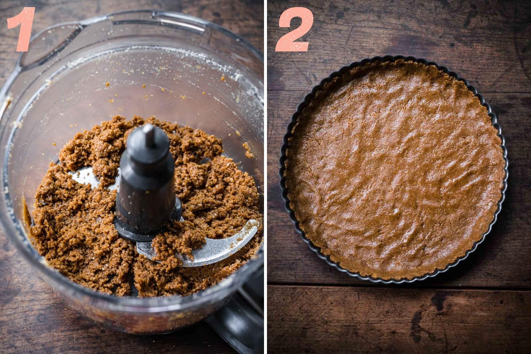 before and after blending ingredients for graham cracker crust. 