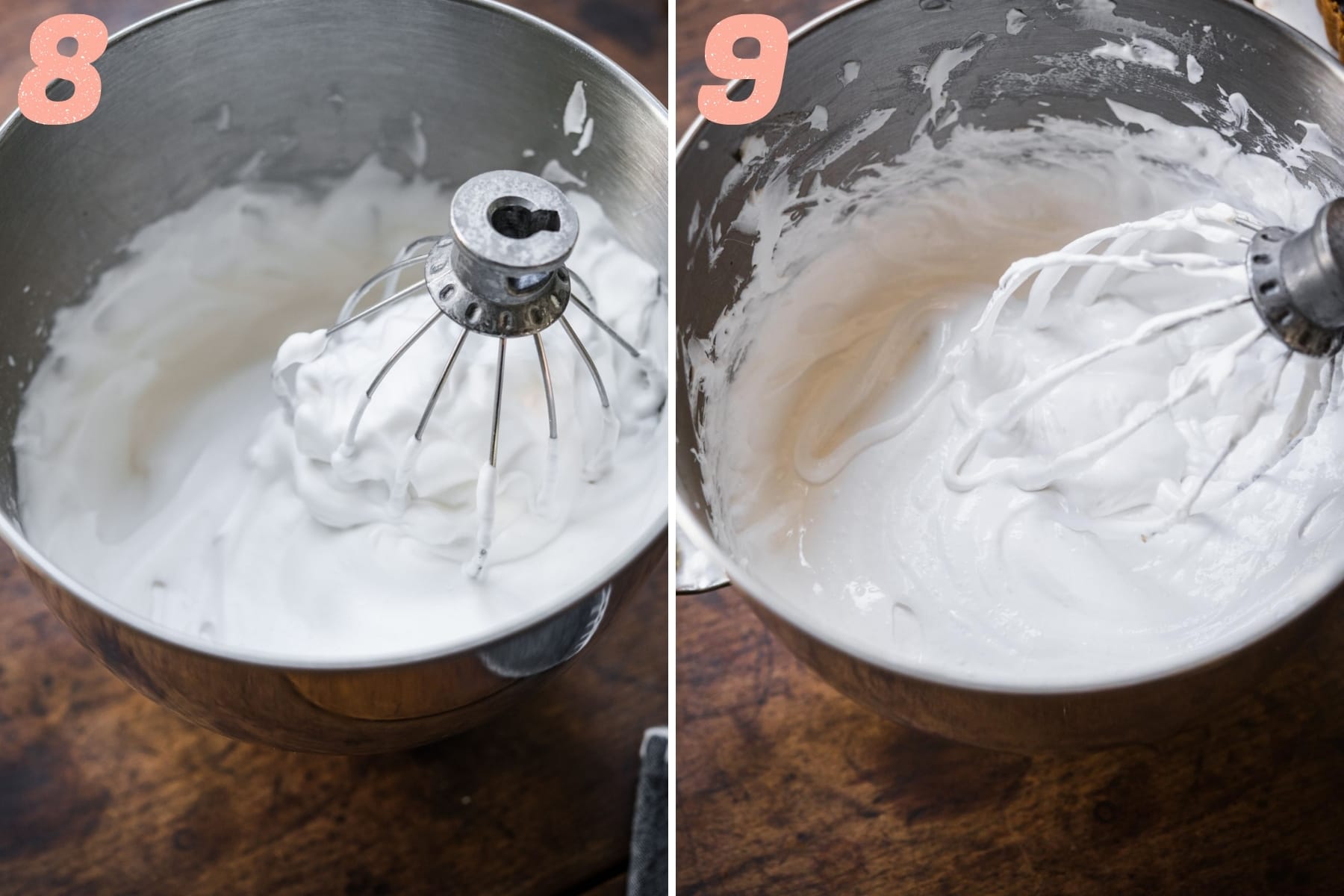 vegan aquafaba meringue in mixing bowl before and after adding sugar. 