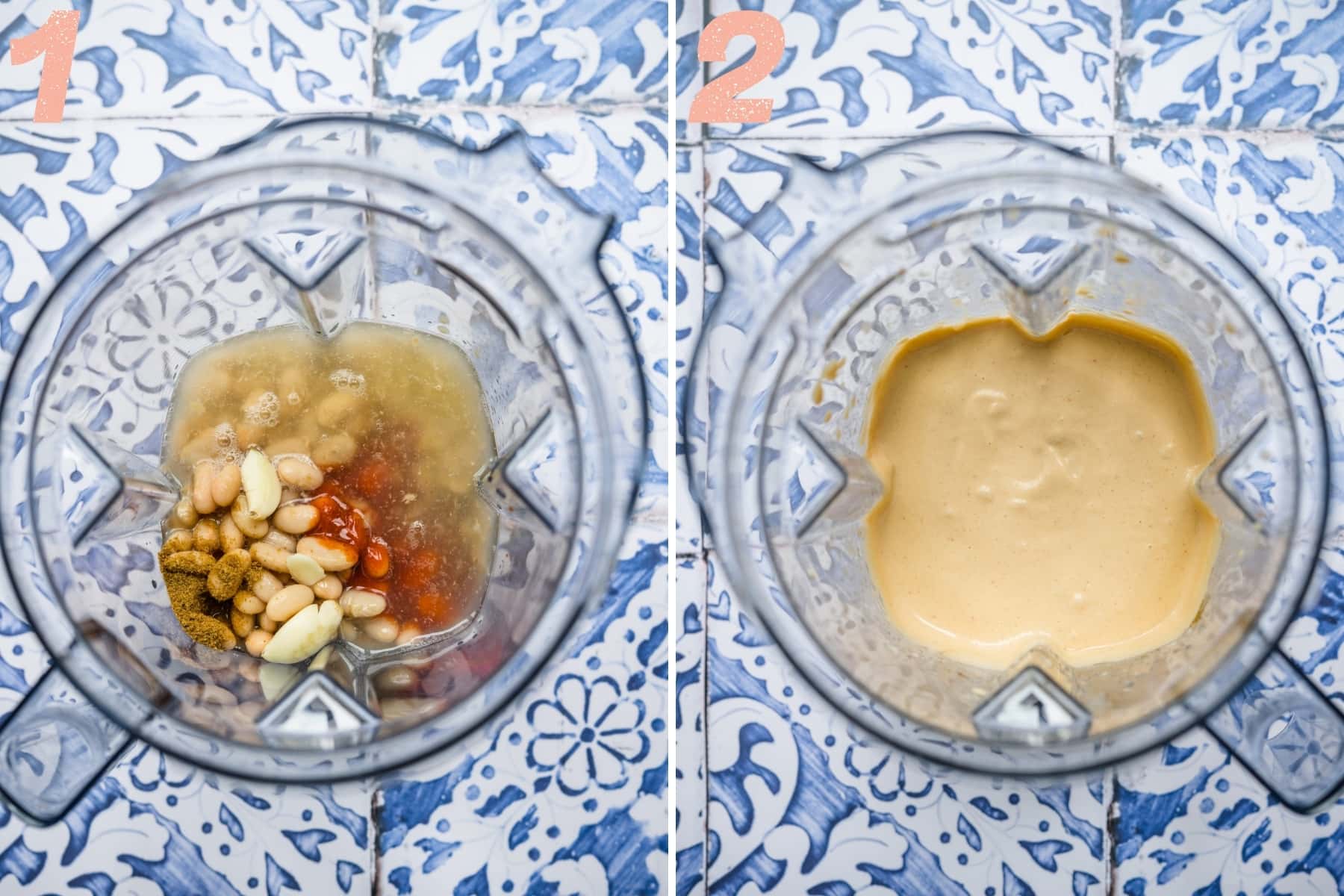 before and after blending ingredients for sriracha white bean dip in blender. 