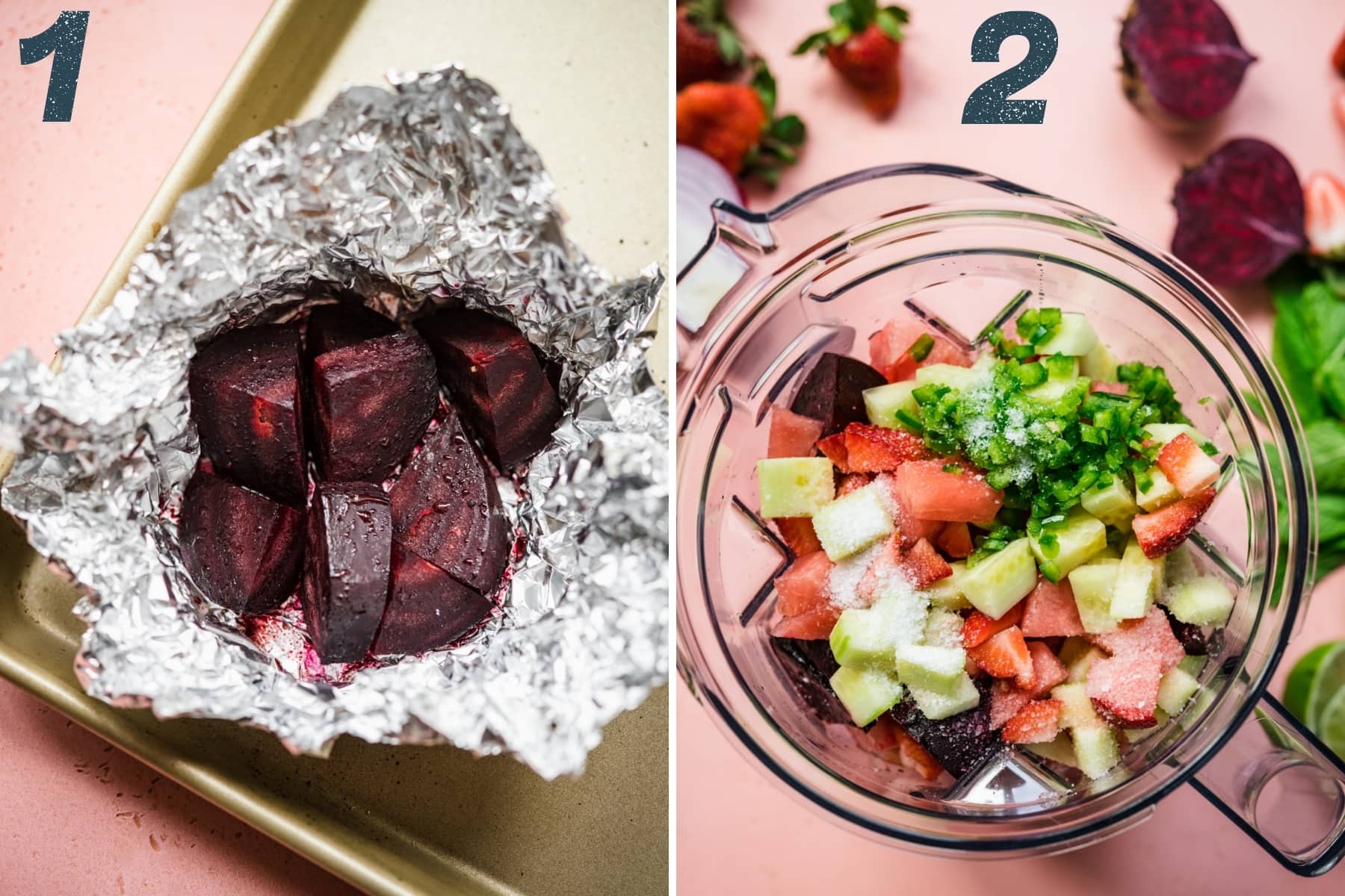 on the left: roasted beets in aluminum foil. on the right: ingredients in blender for strawberry watermelon gazpacho. 