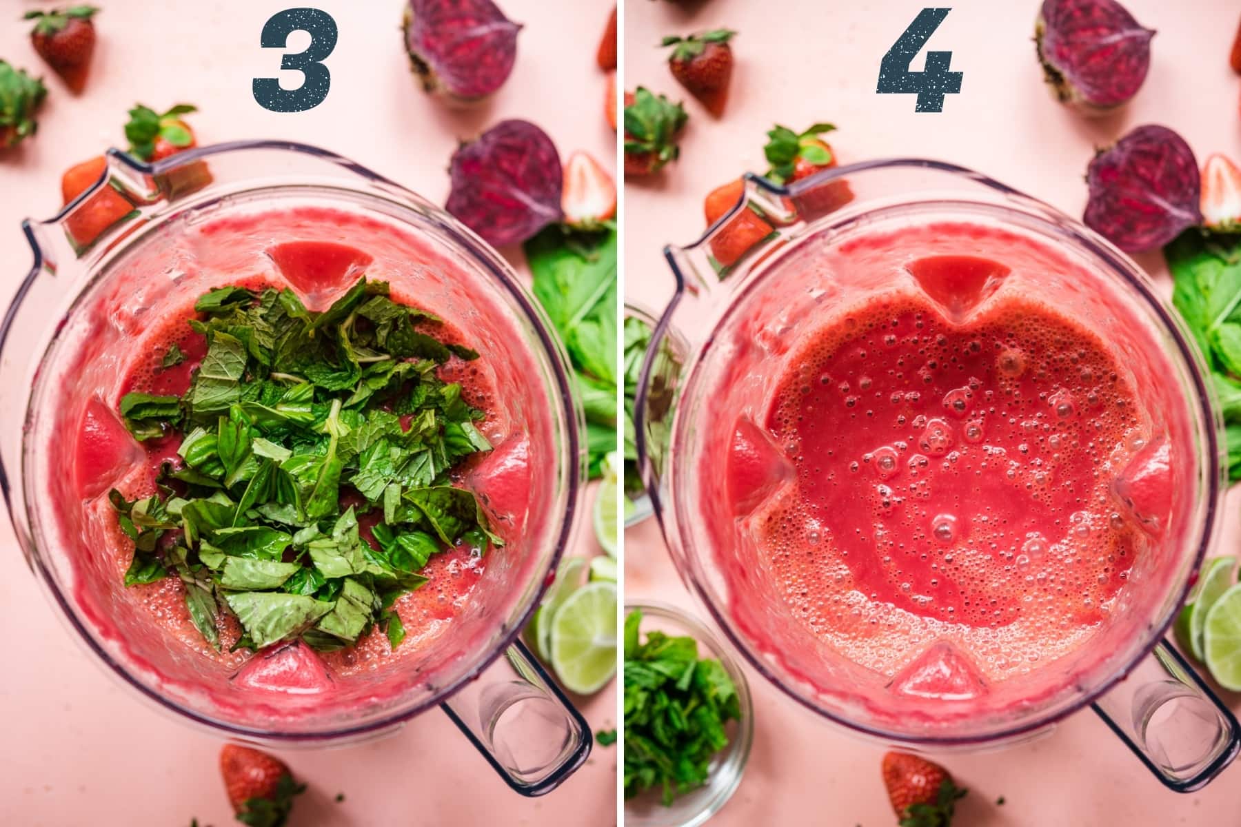 before and after blending fresh basil and mint into strawberry watermelon gazpacho. 