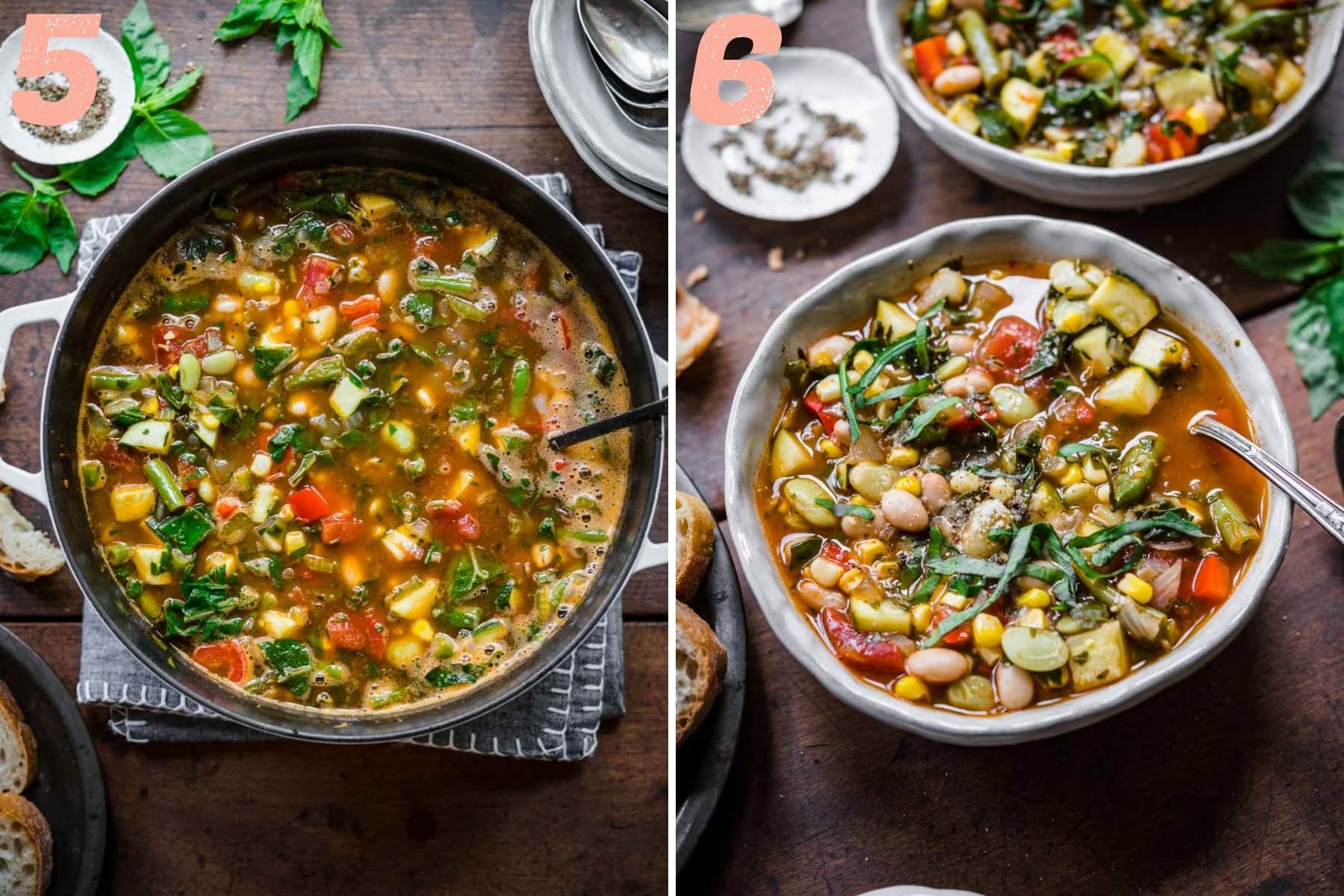 summer minestrone soup in pot and in soup bowl. 