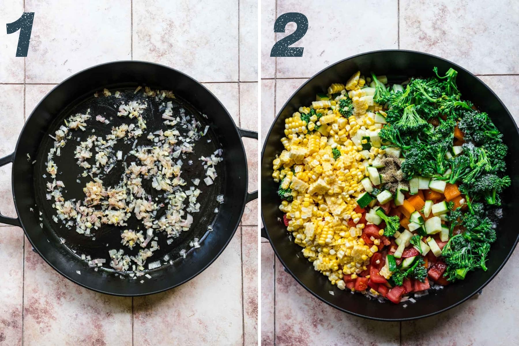 on the left: sautéed garlic and shallots in pan. on the right: summer vegetables in pan before cooking. 