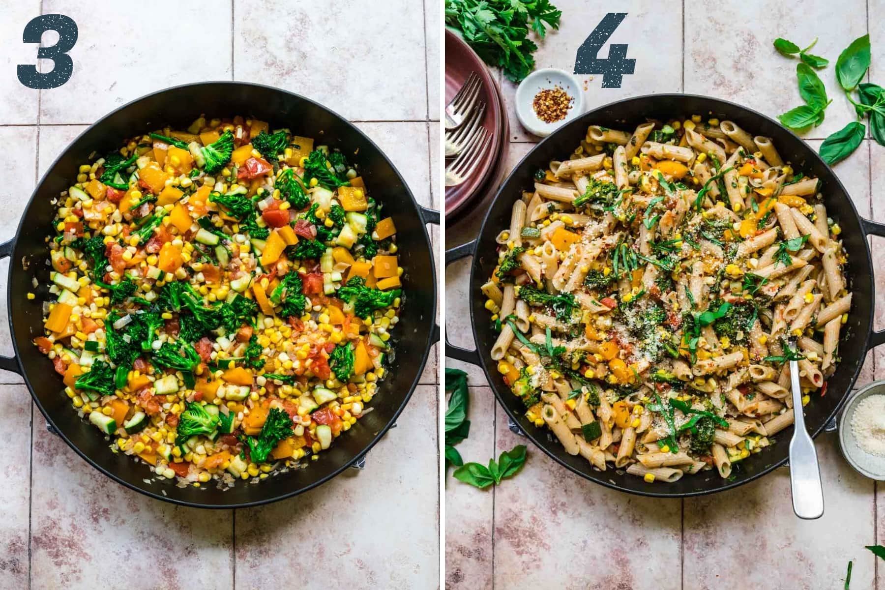 before and after adding cooked pasta to summer vegetable pasta. 