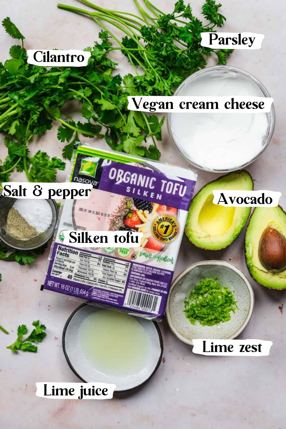 overhead view of ingredients for herb tofu dip. 