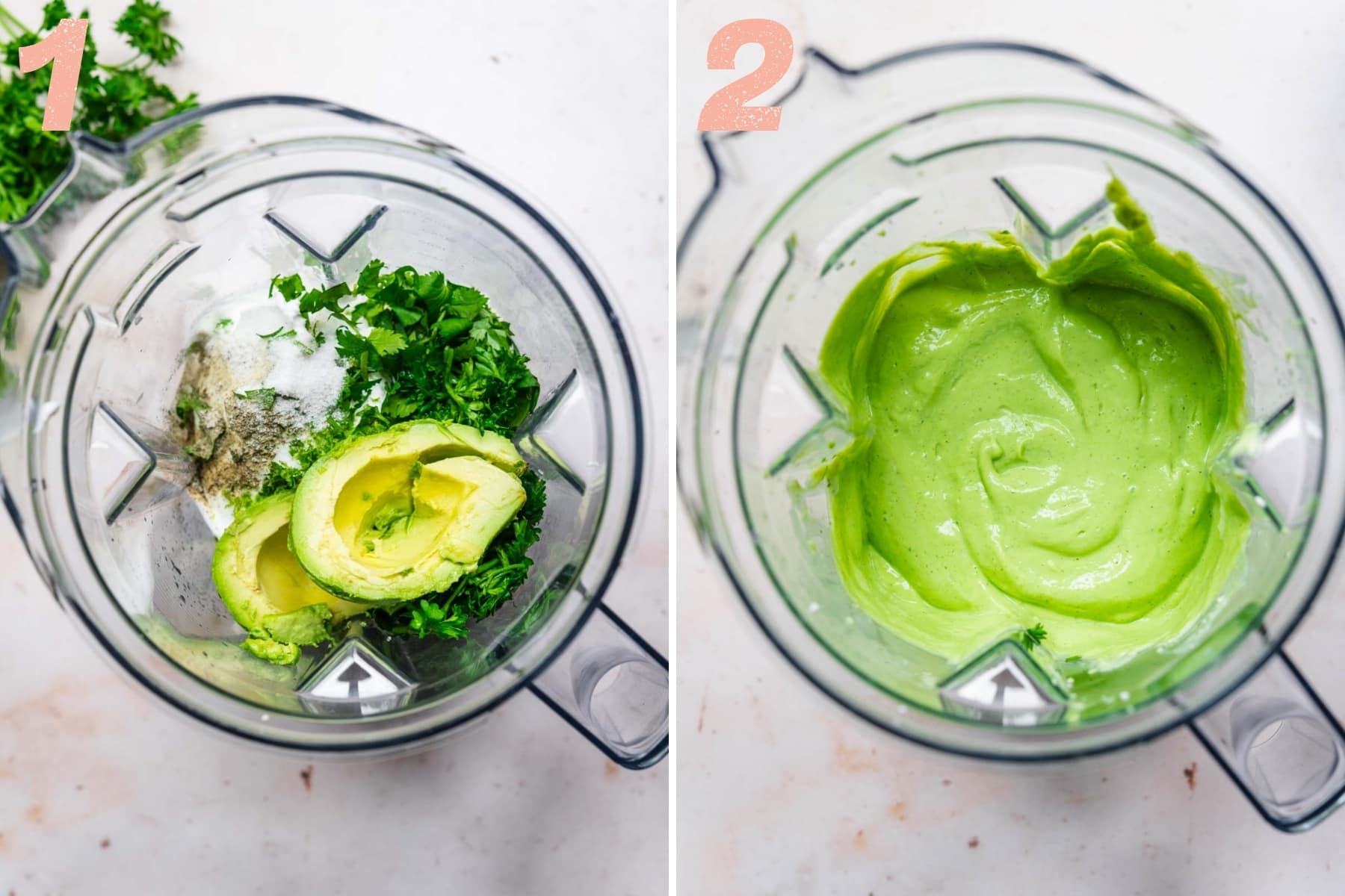 before and after blending herby tofu dip in blender. 