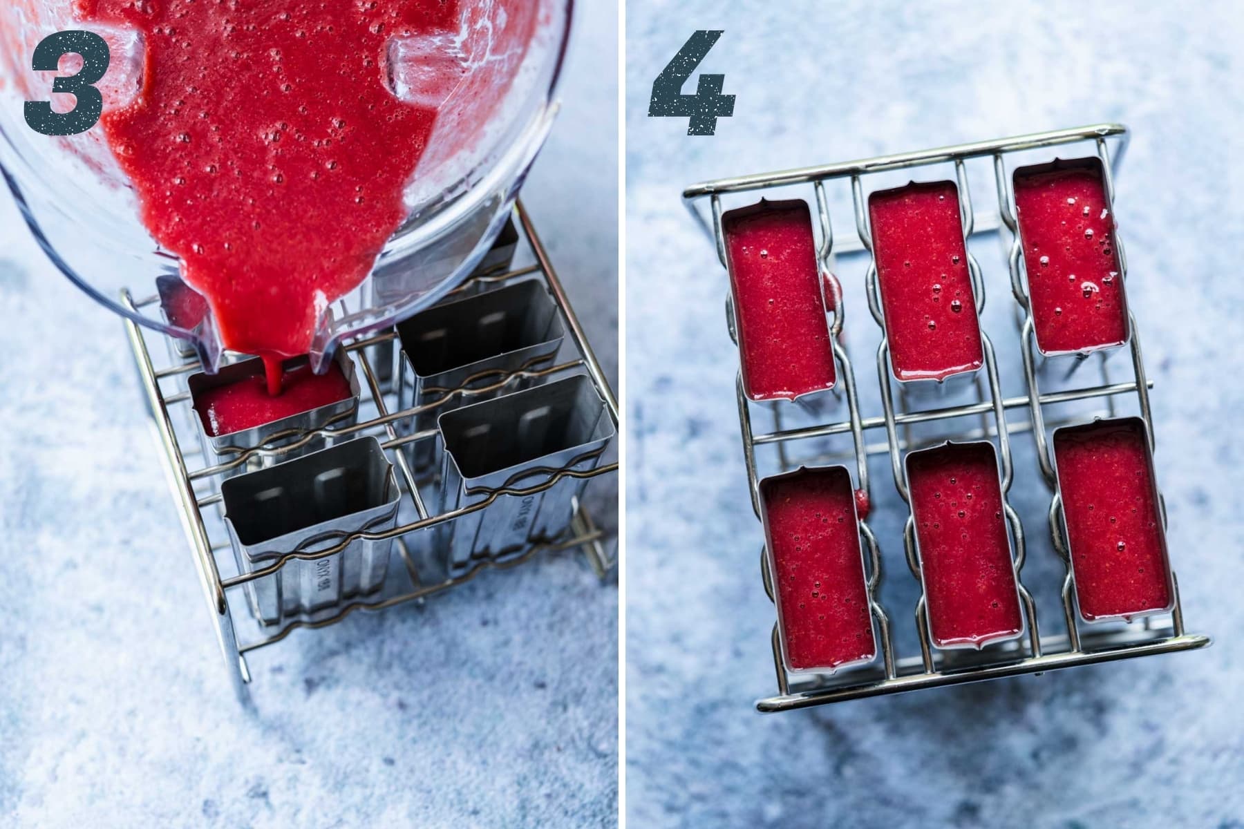 on the left: pouring watermelon berry mixture into popsicle molds. on the right: popsicles before freezing in molds.