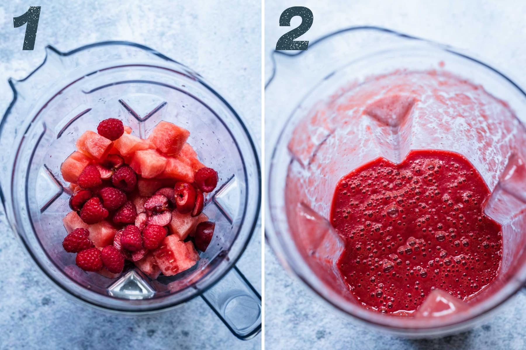 before and after blending ingredients for watermelon berry popsicles. 