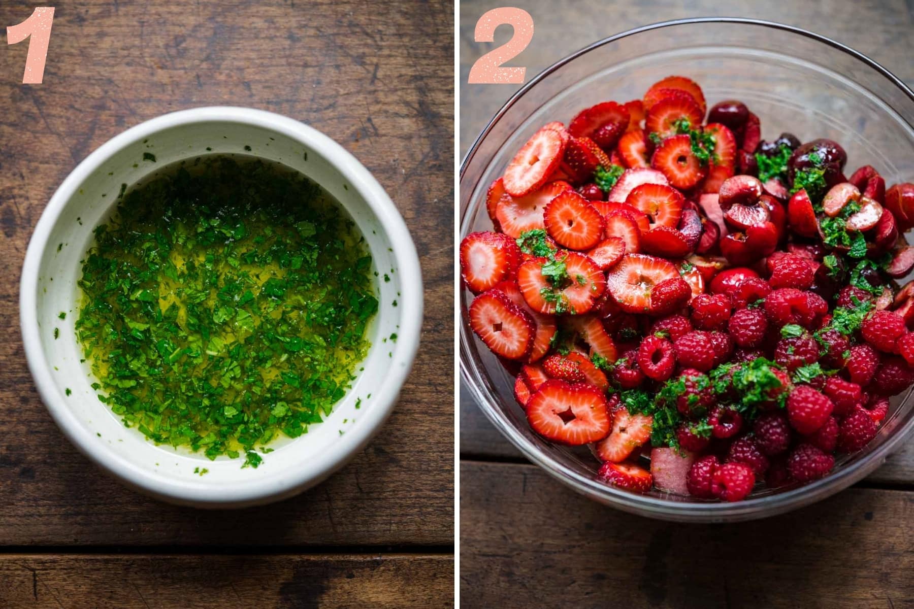 on the left: mint lime dressing in a small bowl. on the right: watermelon berry salad in large glass bowl. 
