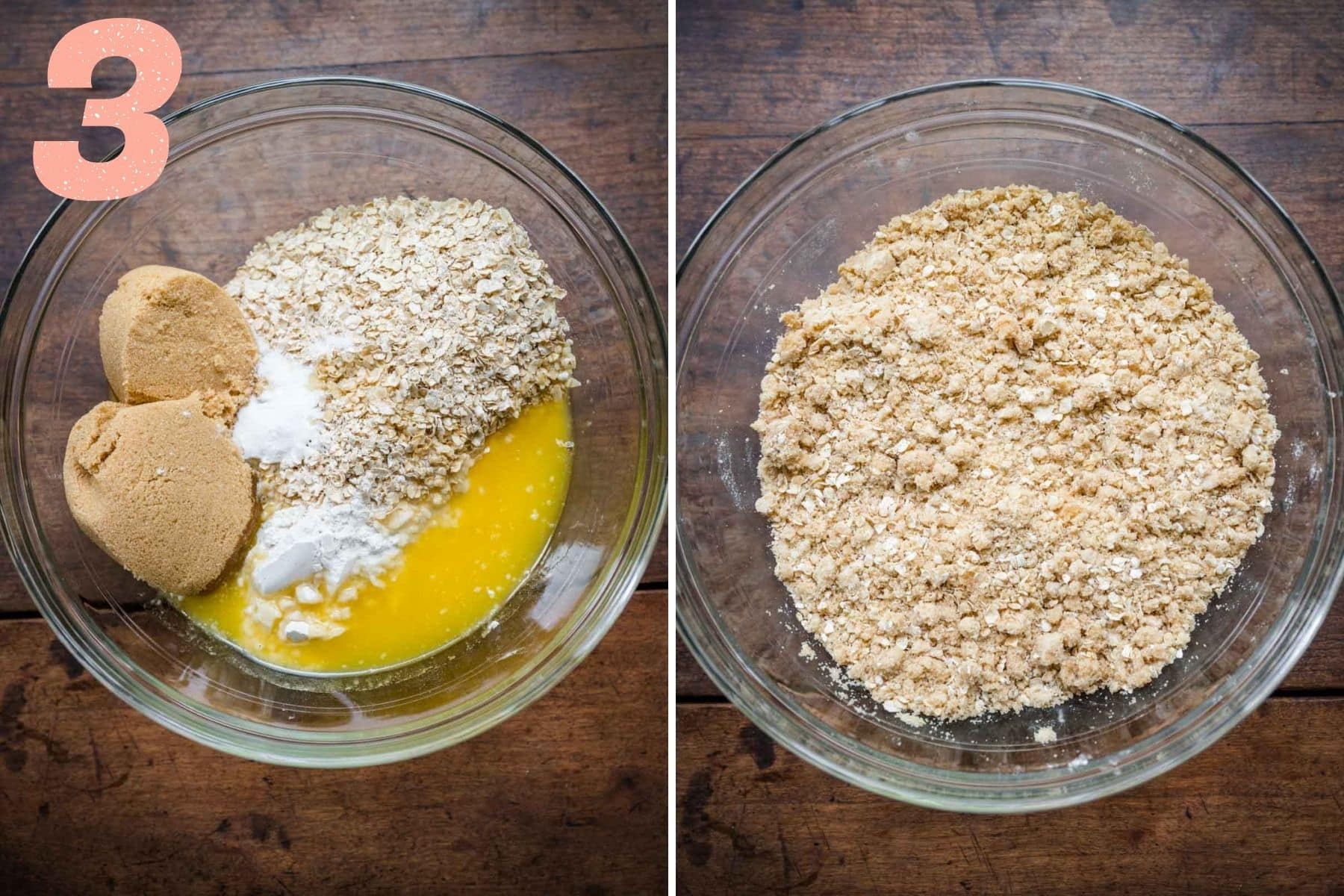 Overhead shots of the mixture ingredients coming together to form a crumble.